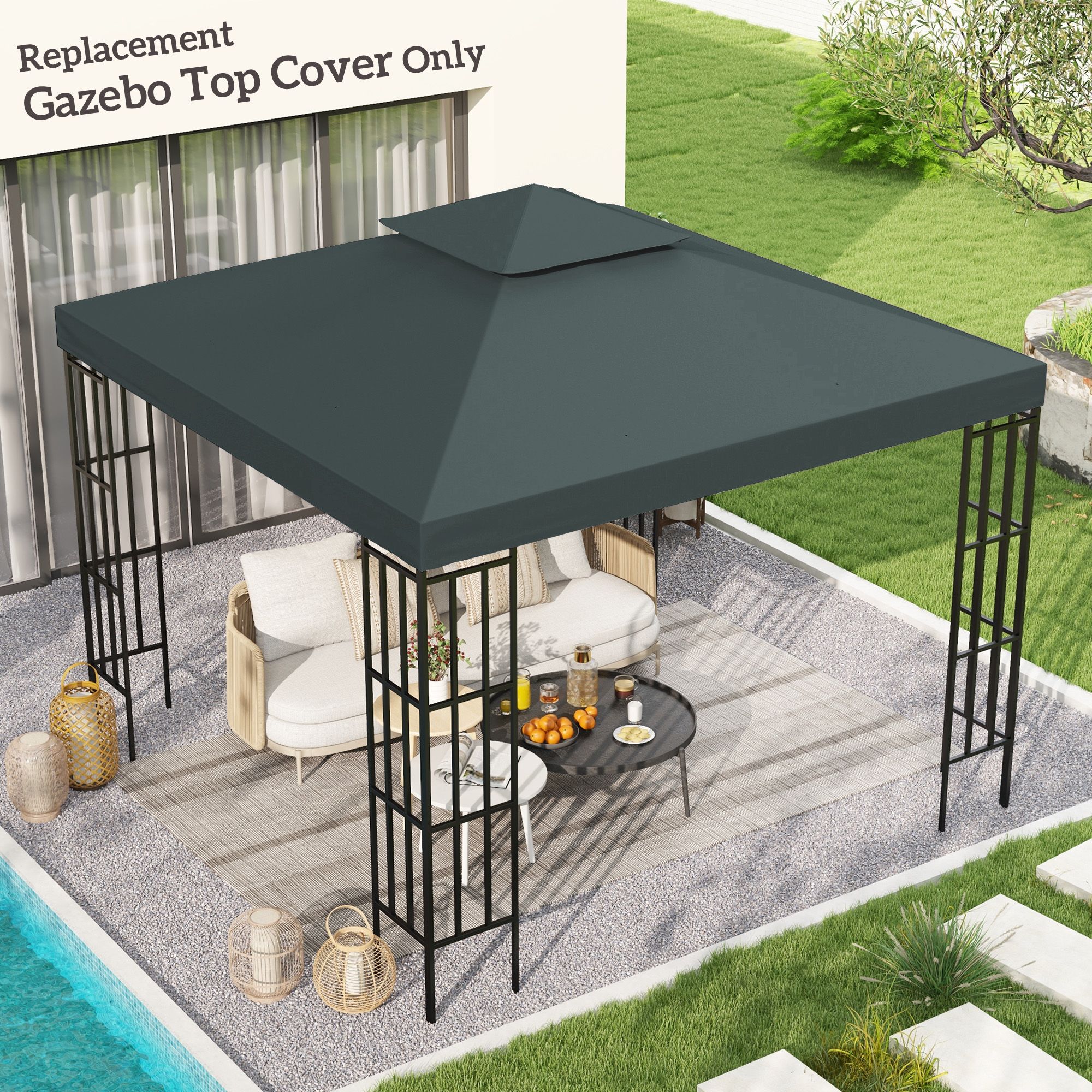 OUTSUNNY 3(m) 2 Tier Garden Gazebo Top Cover Replacement Canopy Roof in Grey