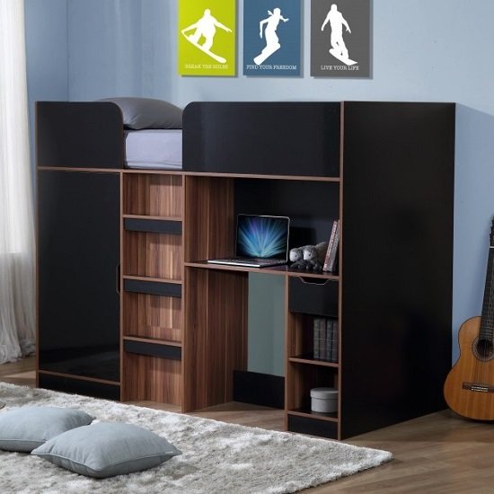Cameo Children High Sleeper Bed In Walnut And Black With Storage