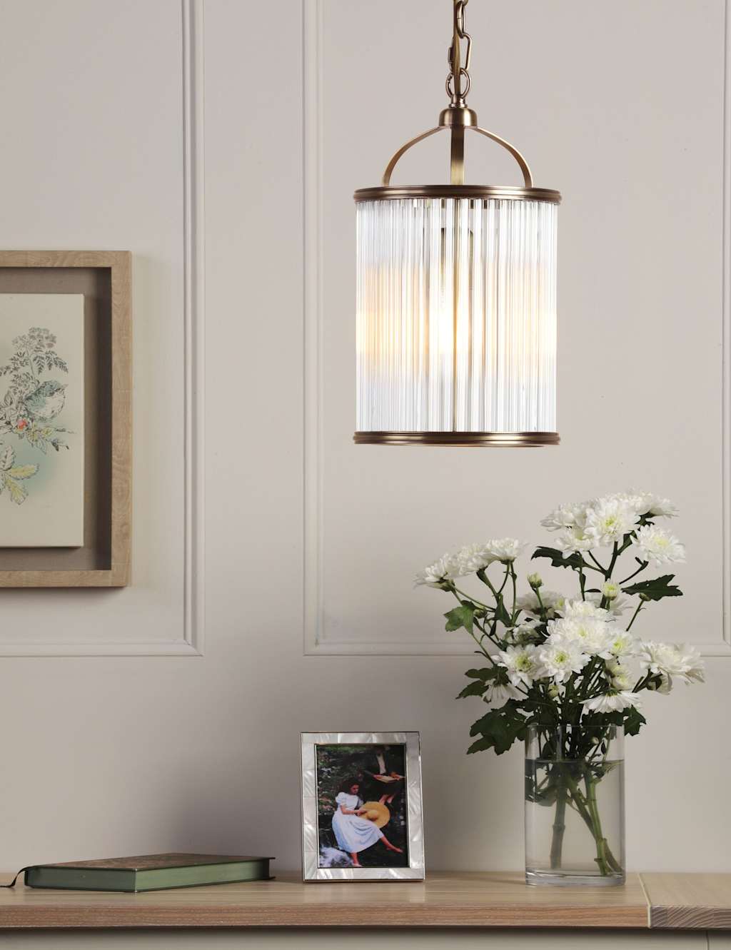 Laura Ashley Sutton Metal & Ribbed Glass Pendant Light Antique Brass