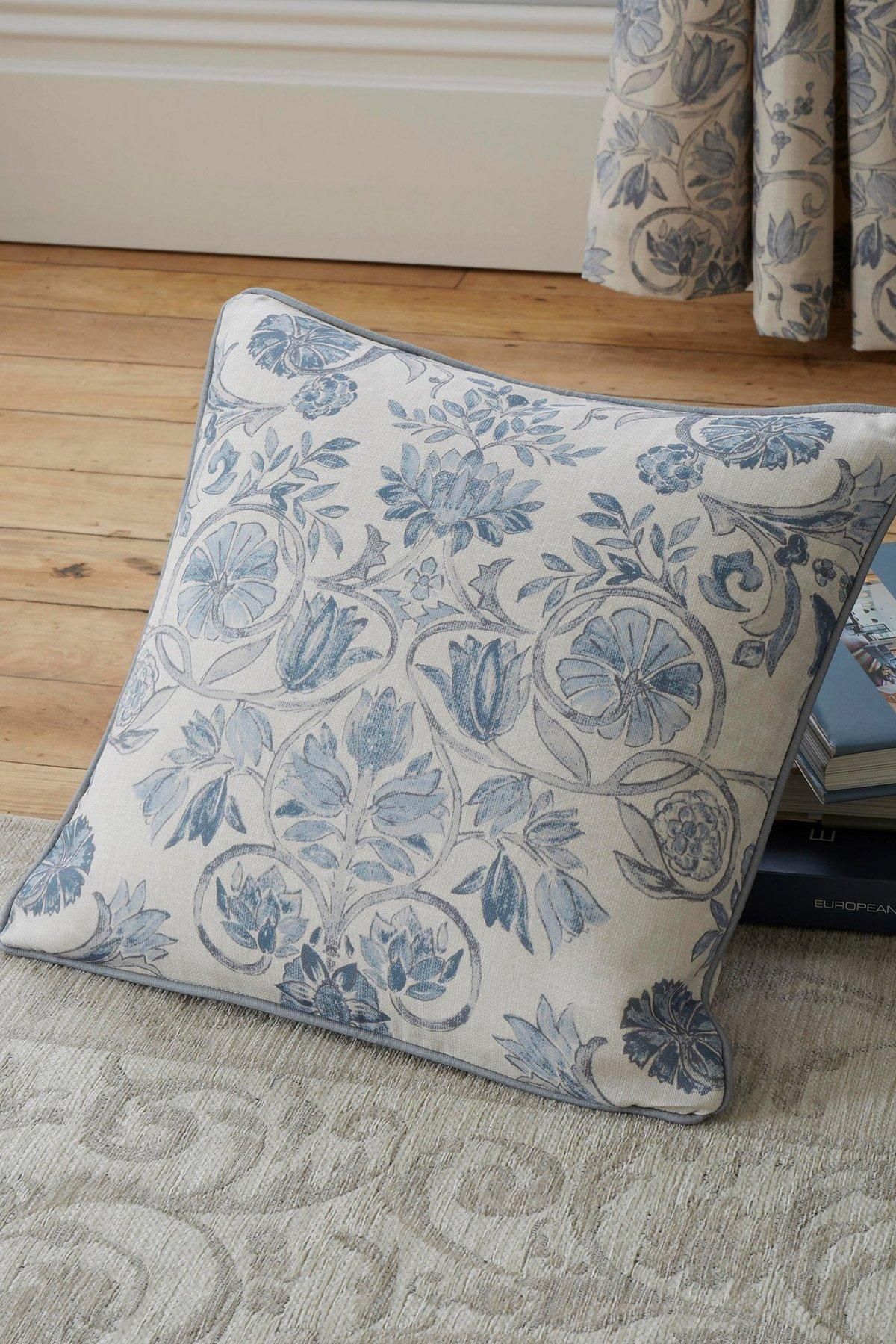 Dreams & Drapes 'Averie' Filled 100% Cotton Cushion With Delicate Floral Print in Blue