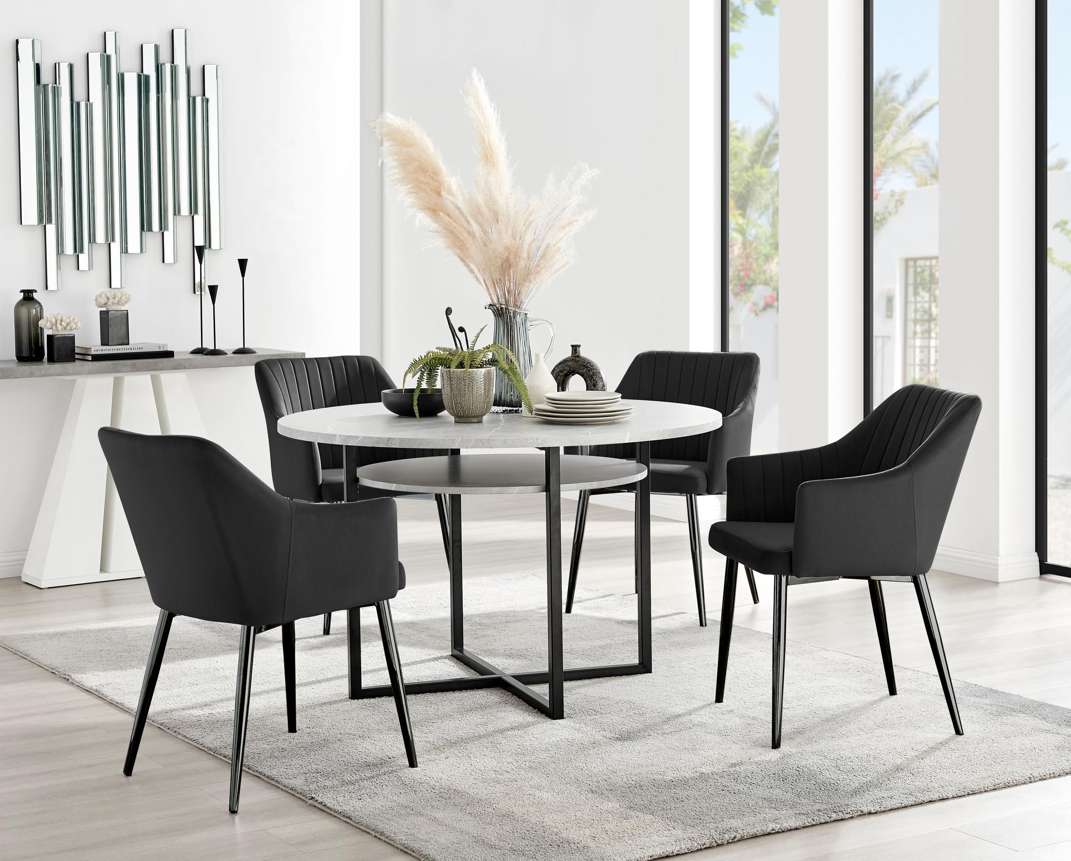 FurnitureboxUK Adley Grey Concrete Effect Round Dining Table & 4 Calla Black Leg Velvet Chairs