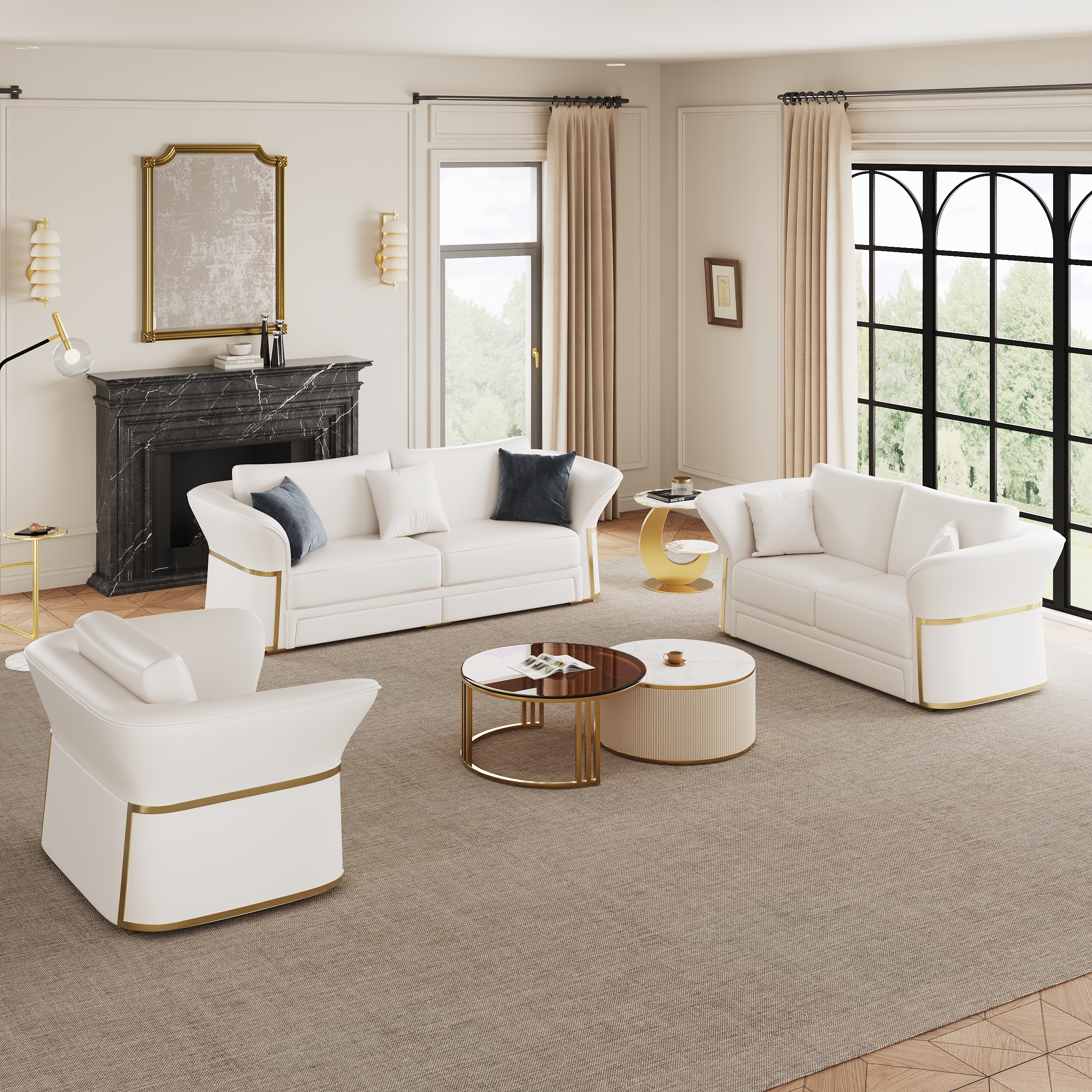 Modern Faux Leather Living Room Sofa Set in White Set of 3