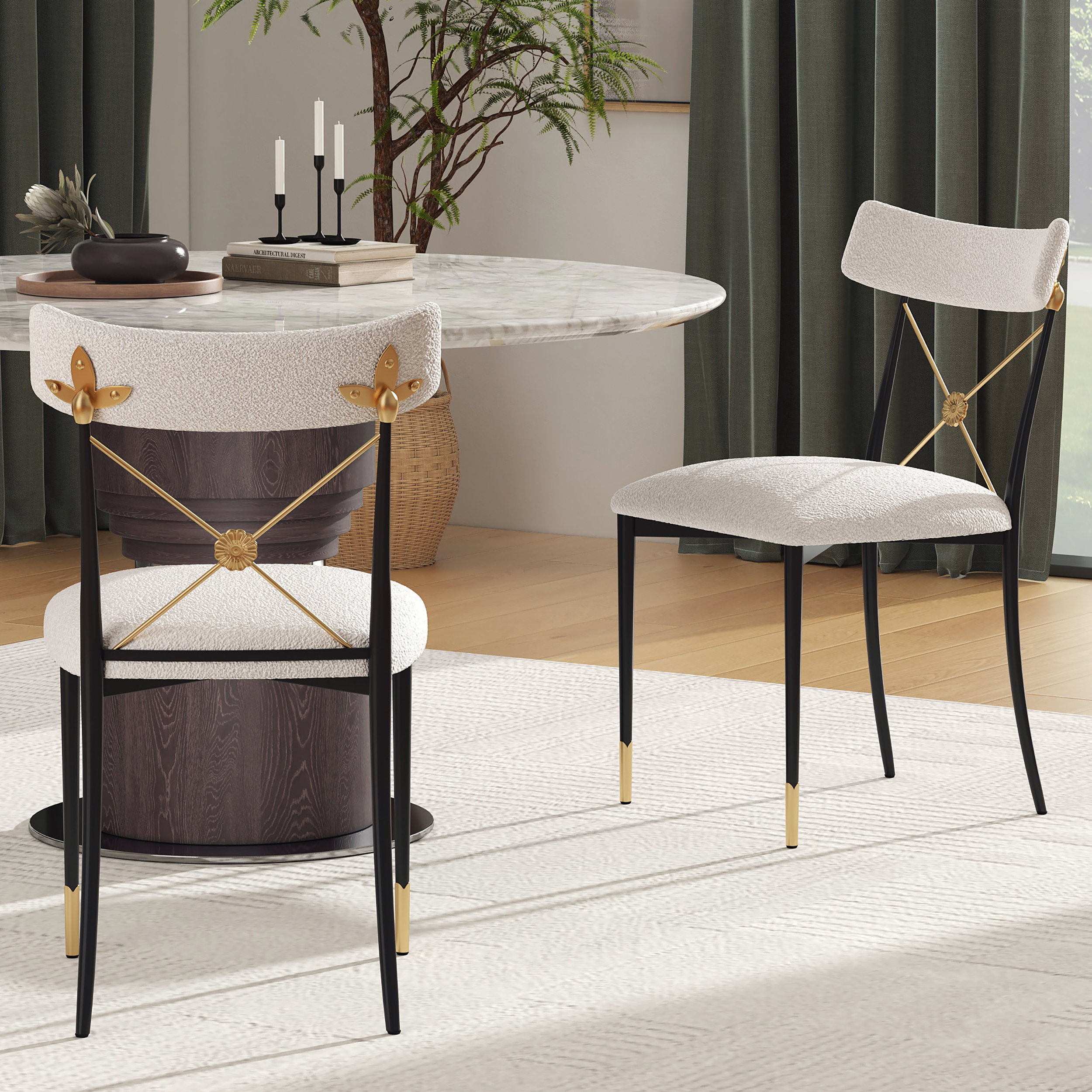 White Boucle Dining Chair Upholstered Cross Back Curved Side Chair 2-Pieces