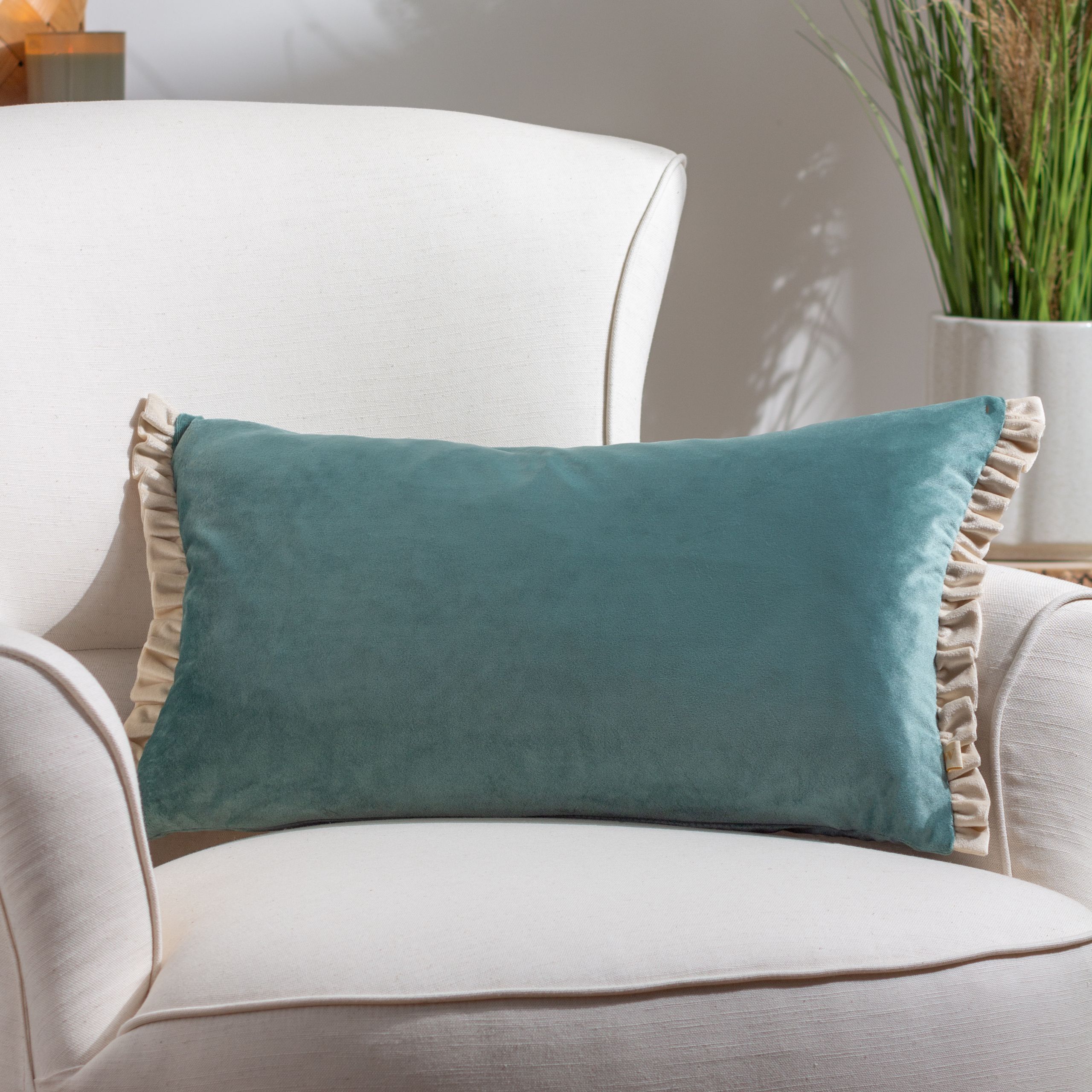 Wylder Tilly Velvet Frill Reversible Cushion in Duck Egg Blue