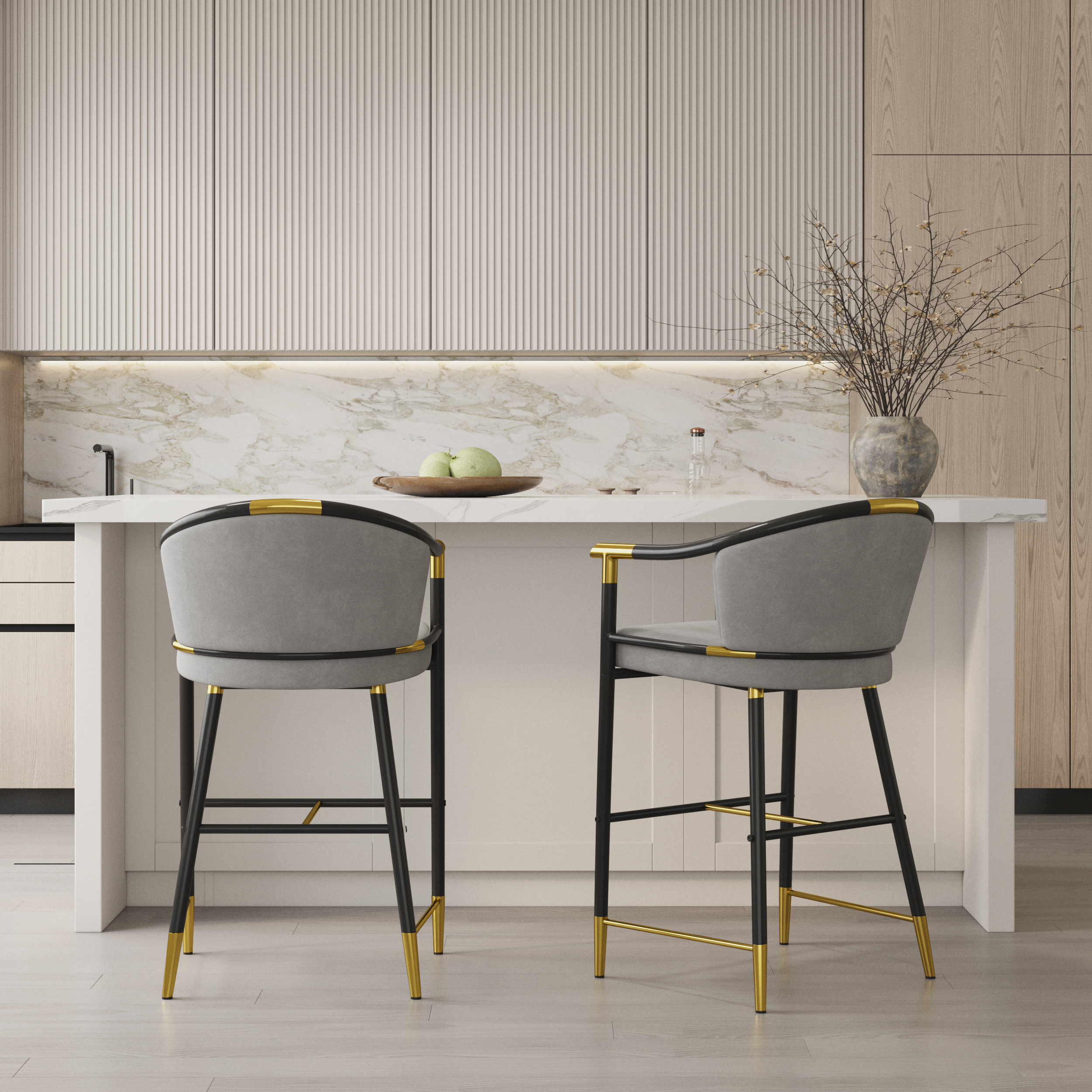 Modern Counter Stools with Velvet Upholstery Gray Bar Stools