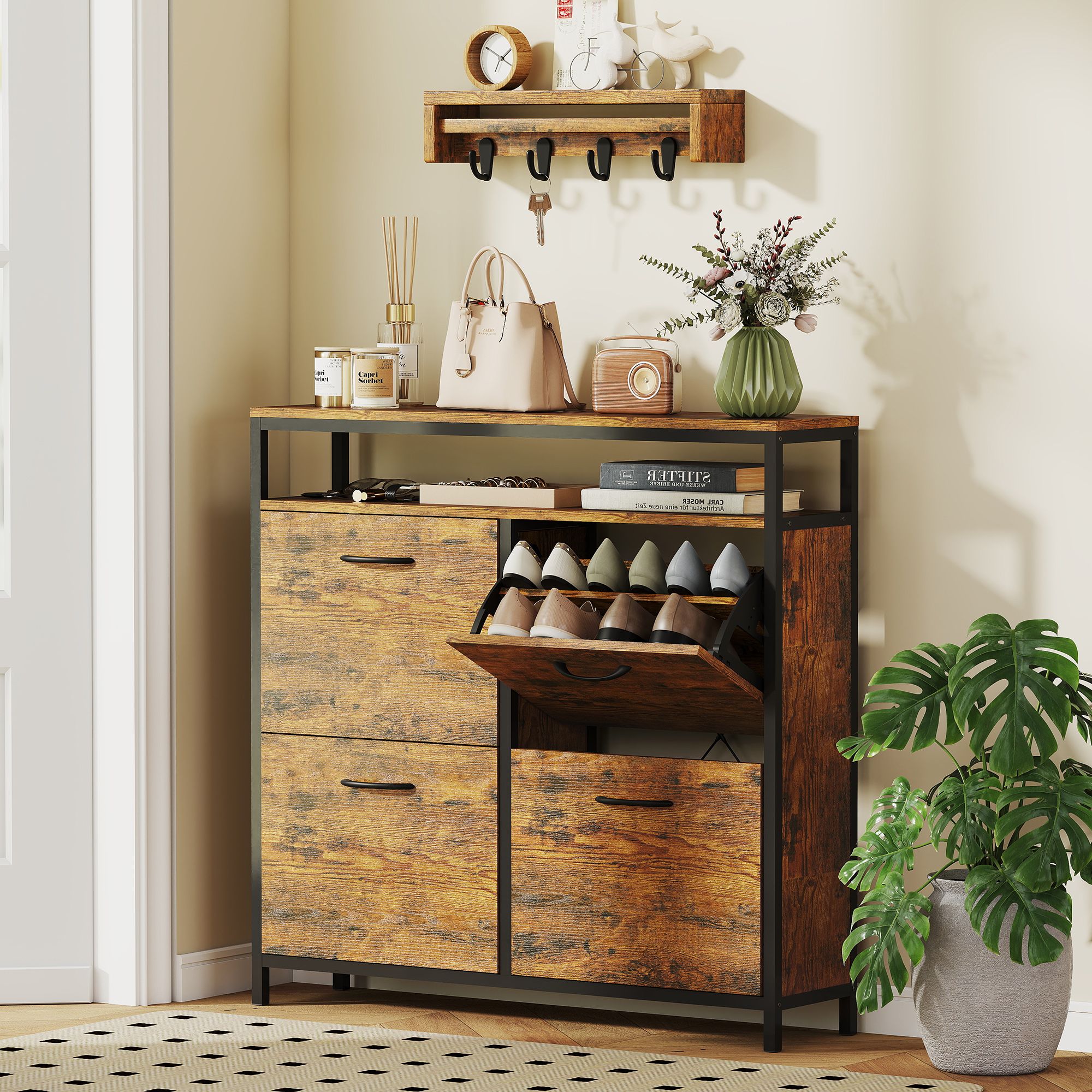 HOMCOM Shoe Cabinet with 4 Flip Drawers, Holds 12-20 Pairs in Brown