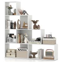 Costway 4-Tier Stepped Bookshelf Modern Ladder Bookcase w/6 Storage Cubes in White