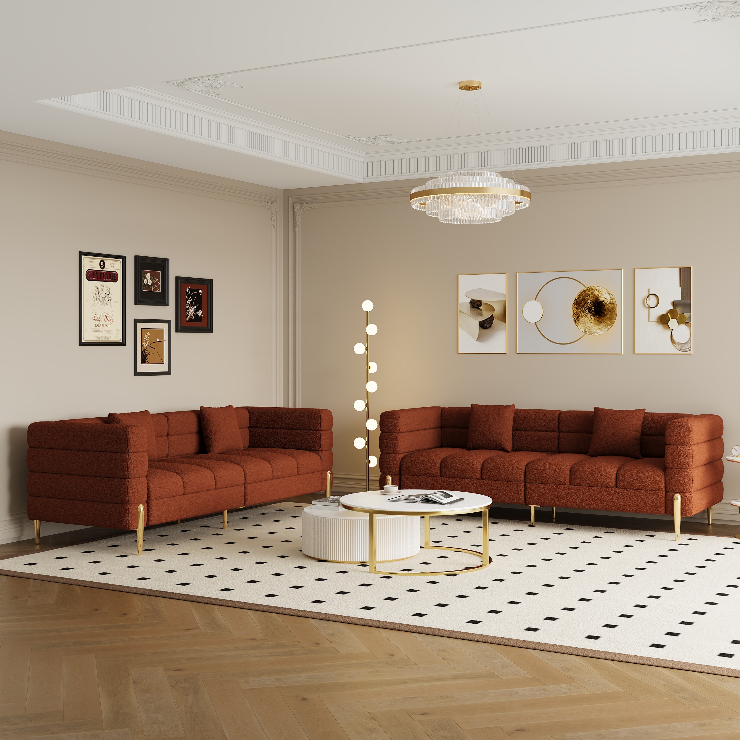 200 cm Modern Boucle Upholstered Fluted 3 Seater Sofa for Living Room with pillow Set of 2