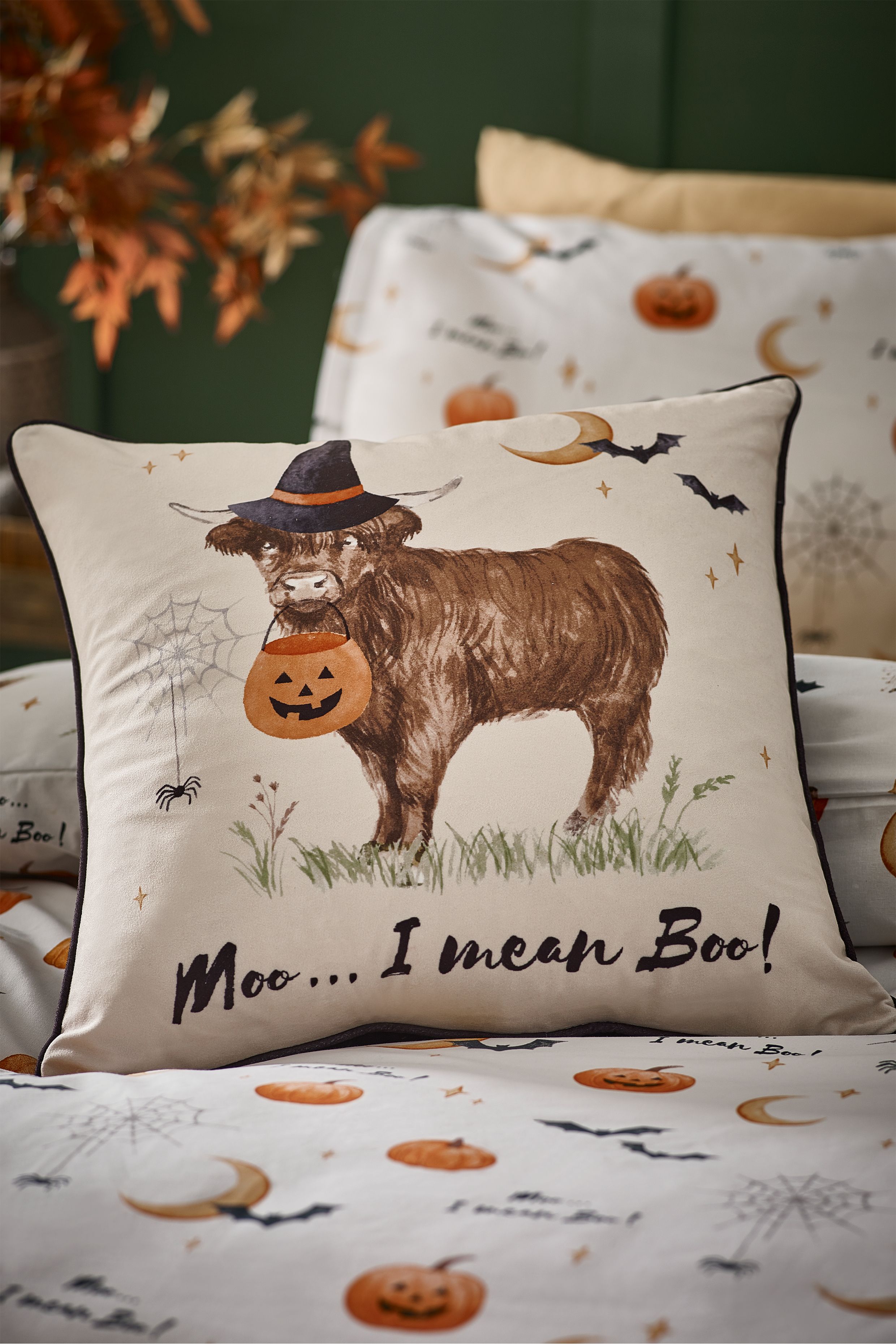 Catherine Lansfield 'Halloween Highland Cow' Soft Touch Cushion in Natural