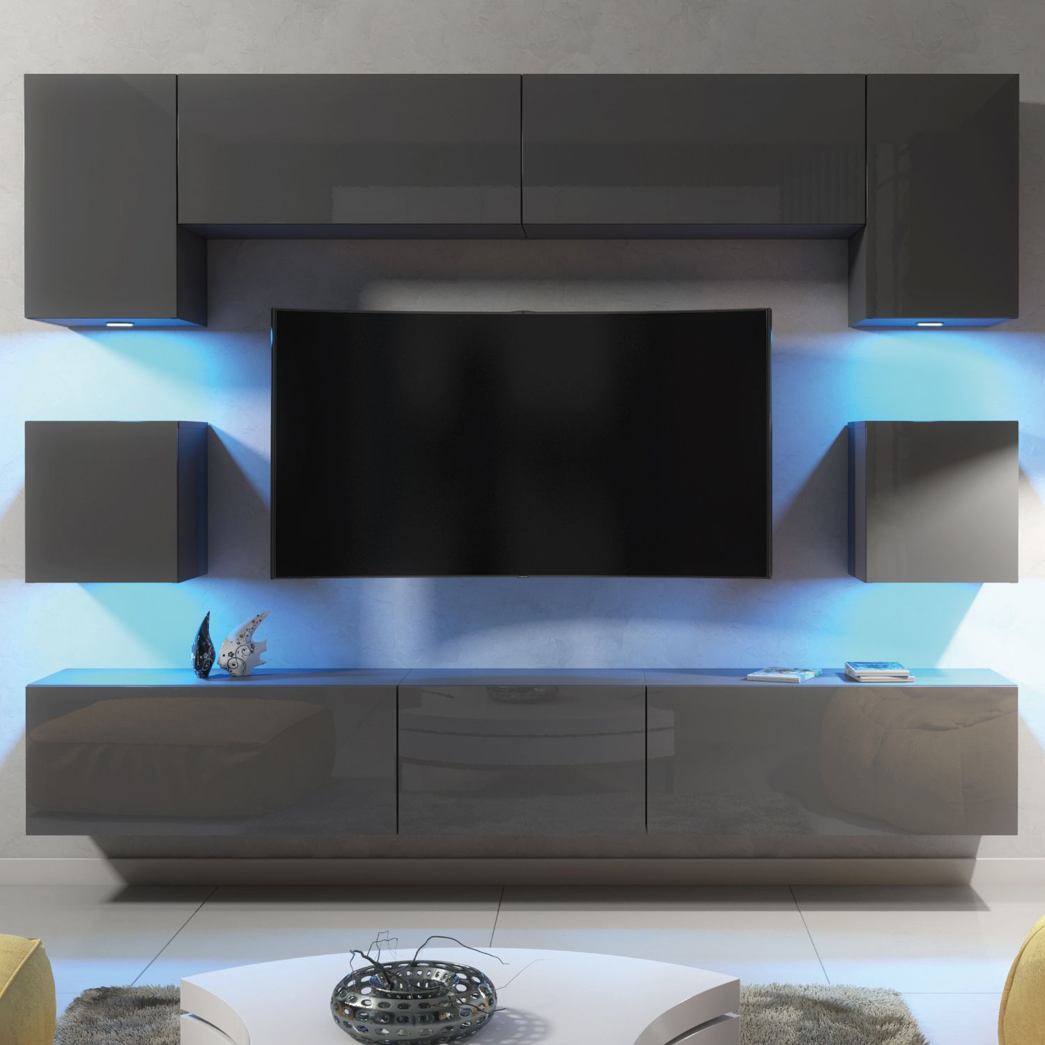 Creative Furniture Panorama Wall TV Unit - A Sleek & Modern Wall Cabinet with Gloss Doors & LED Lights in Dark Grey