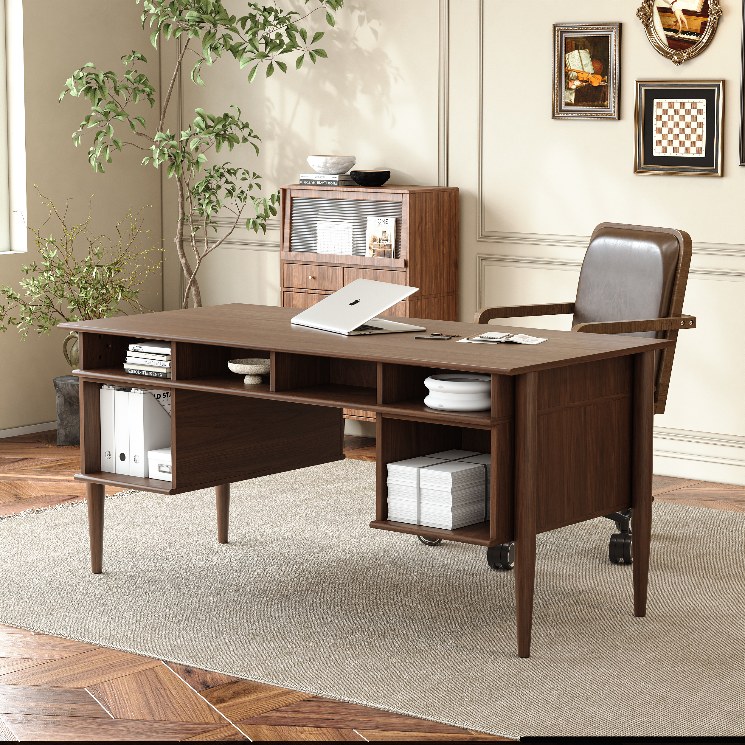 64" Mid-century Style Walnut Home Office Desk & Faux Leather Adjustable Office Chair