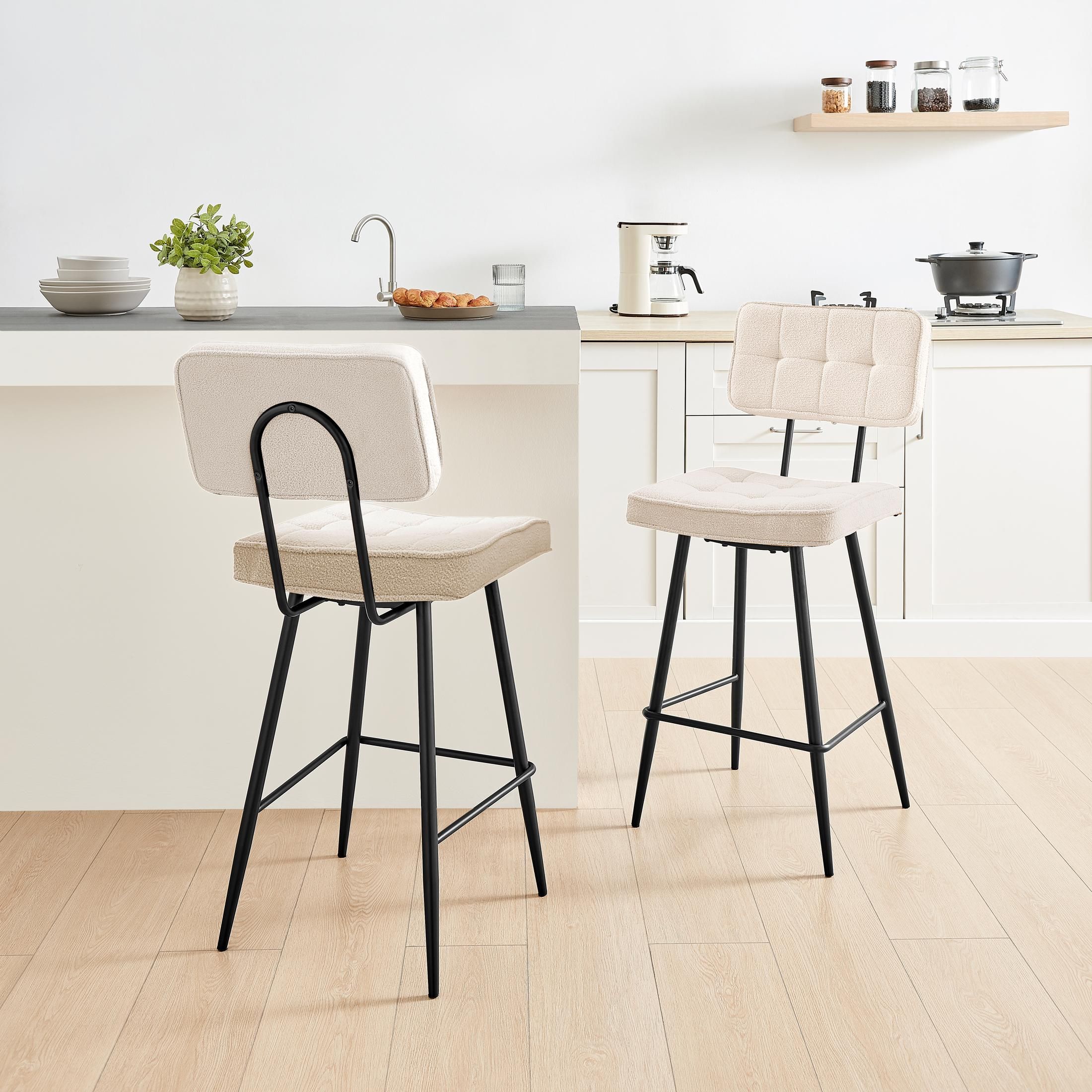 FurnitureboxUK Braxton 2x Cream Boucle Fabric Black Leg Counter Stools