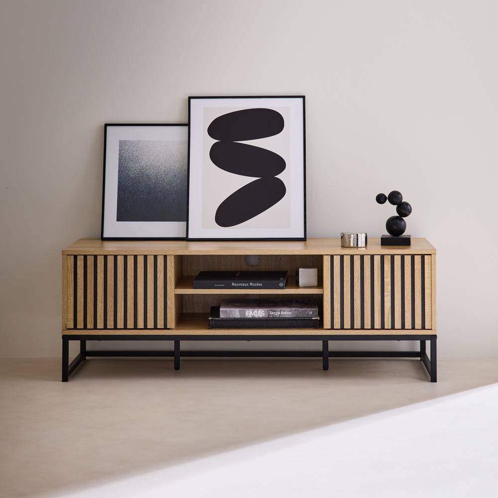 sweeek 120cm Tv Unit Grooved Wooden Effect & Metal 2 Doors in Light Brown