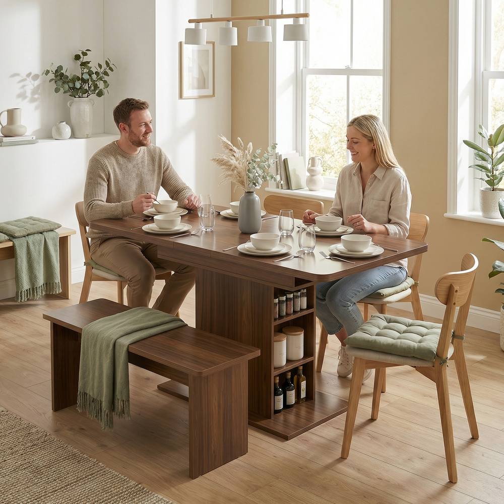 HOMCOM Extendable Dining Table for 4-6, Kitchen Table with Shelves, Walnut in Brown