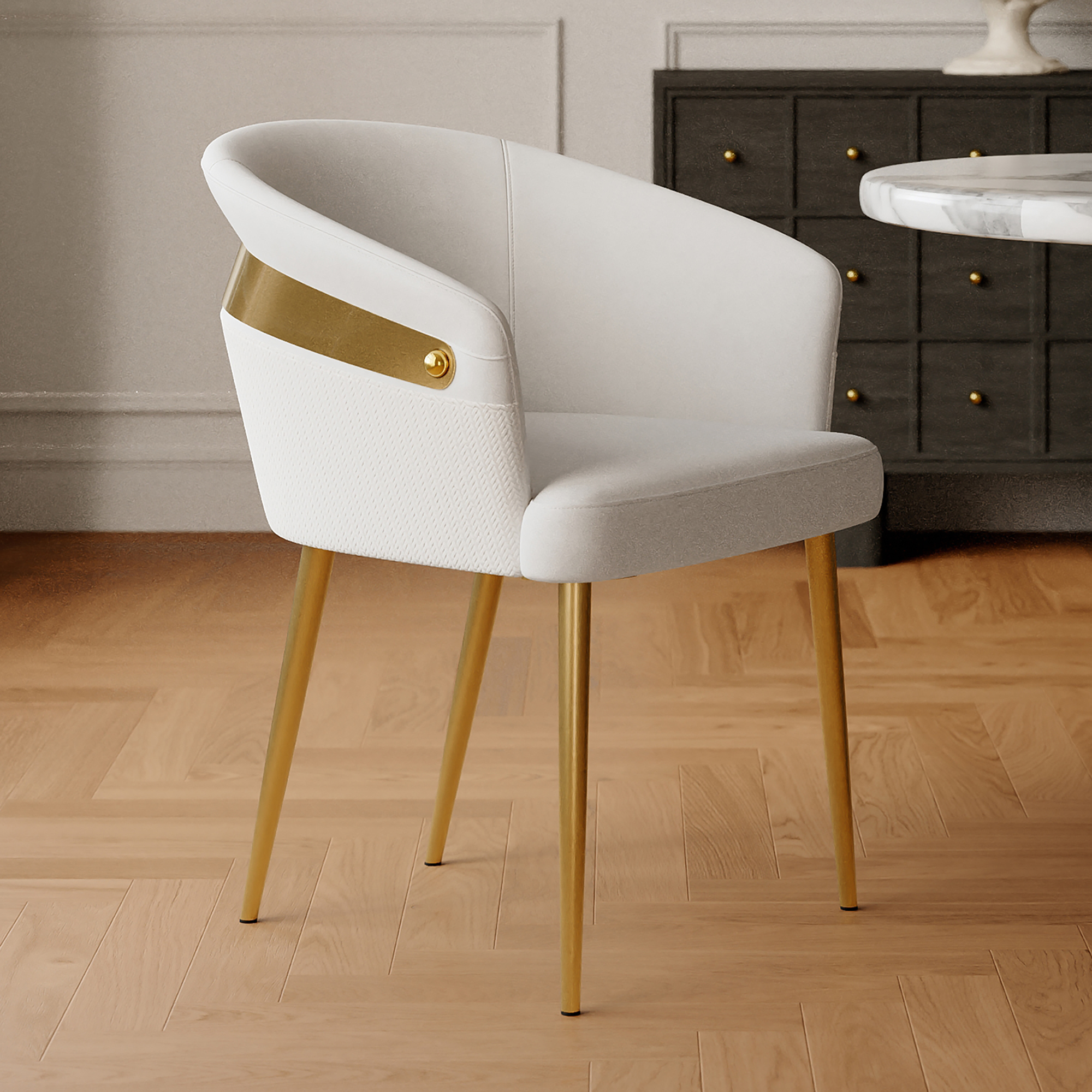 Modern White PU Leather Dining Chair Curved Back with Gold Legs