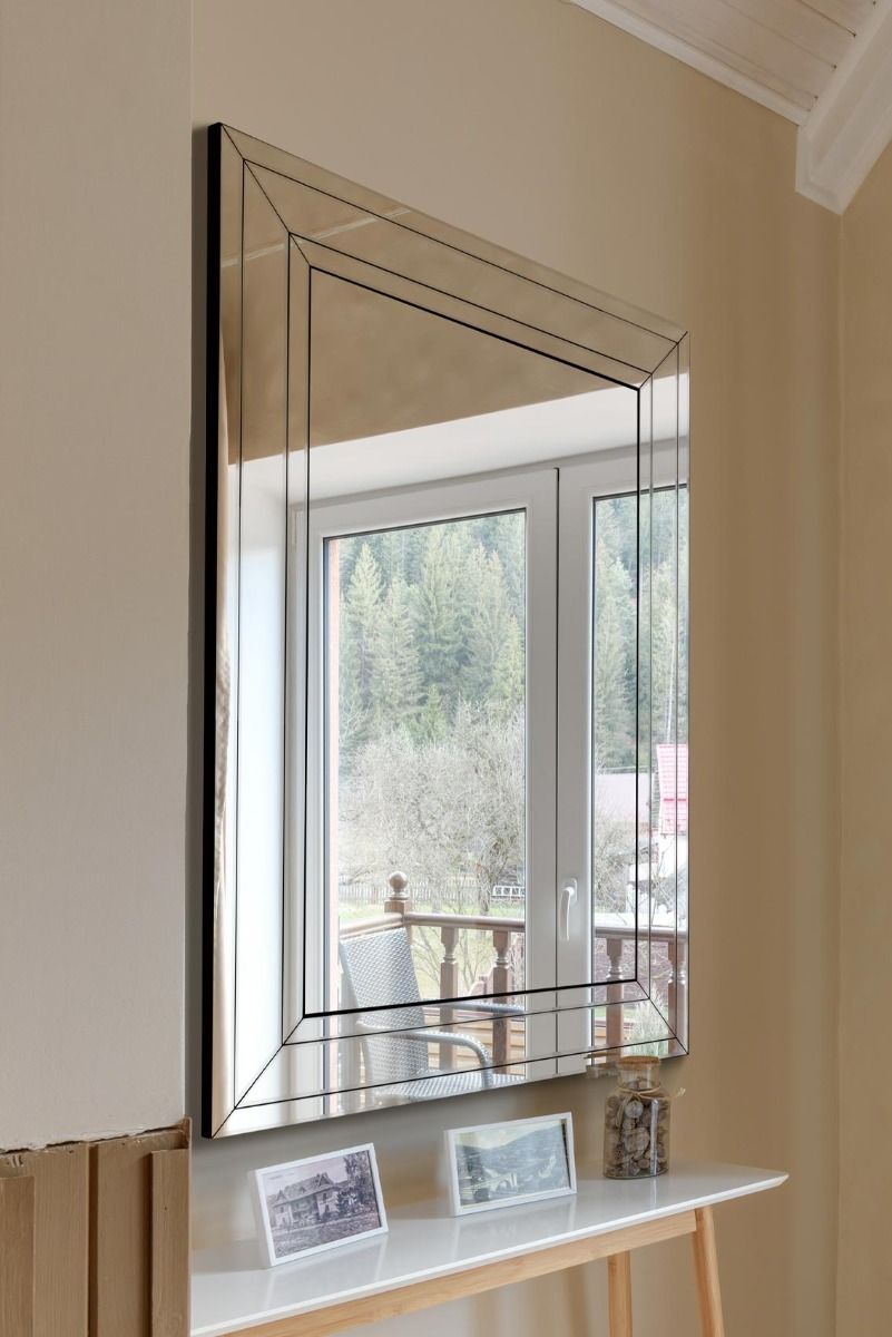 MirrorOutlet Langley All Glass Modern Bevelled Large Wall Mirror 144 x 115.5 CM in Silver