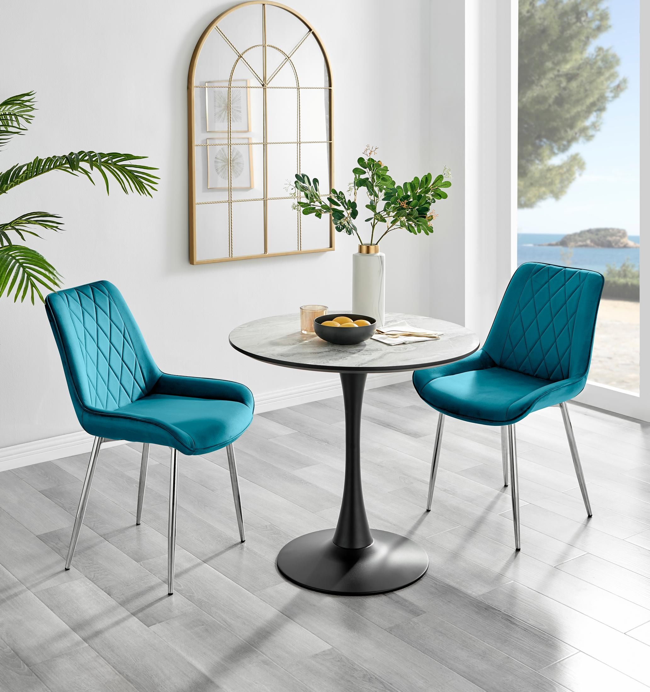 FurnitureboxUK Elina White Marble Effect Scratch Resistant Dining Table & 2 Pesaro Silver Leg Velvet Chairs in Blue