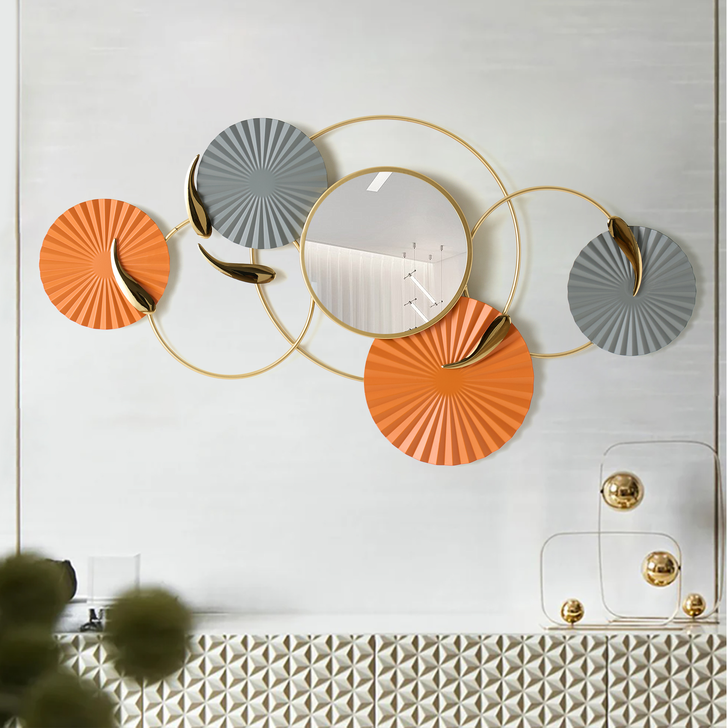 46" Modern Wall Mirror – Geometric Iron Art Decorative Mirror