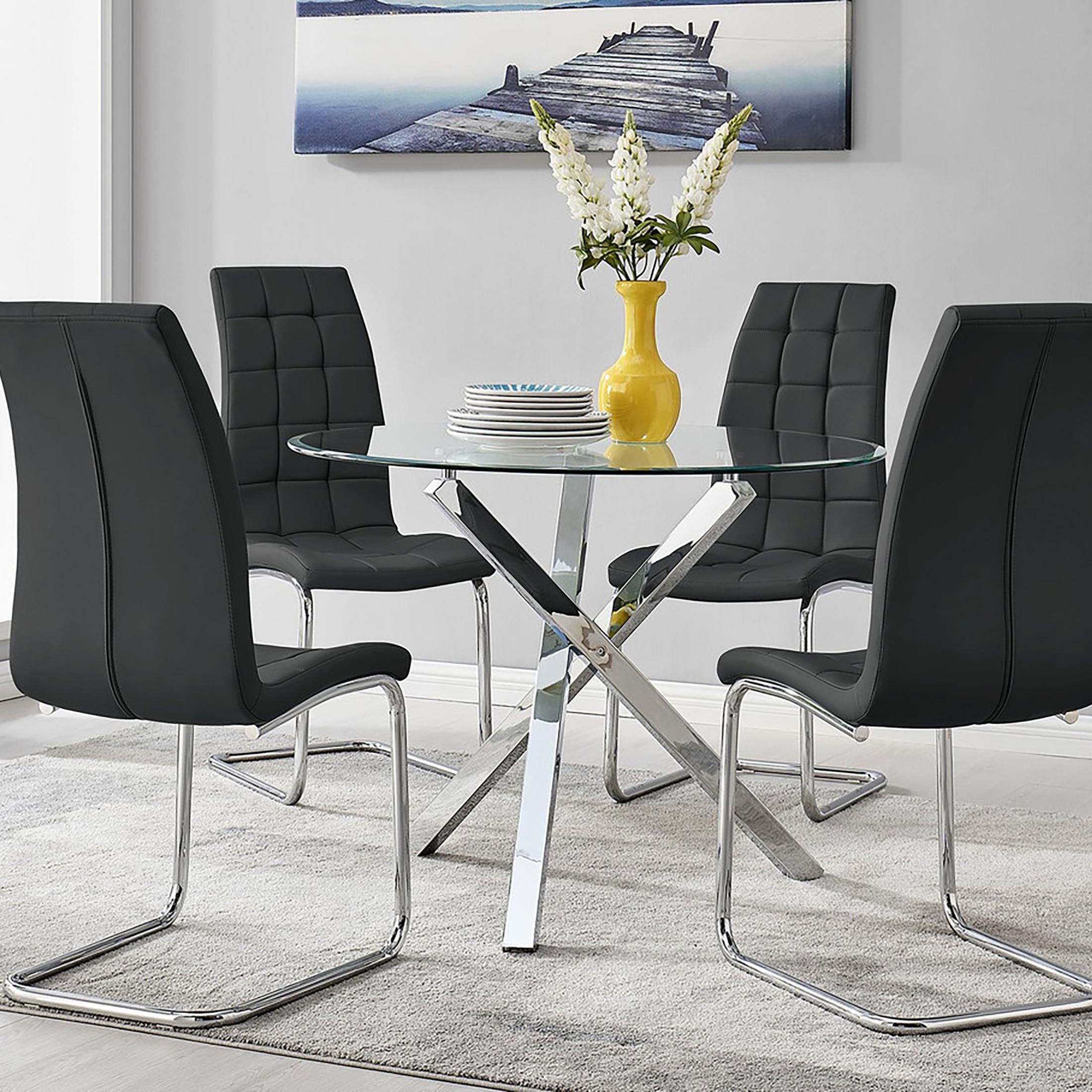 FurnitureboxUK Selina Round Glass Chrome Leg Dining Table & Murano Chairs in Black
