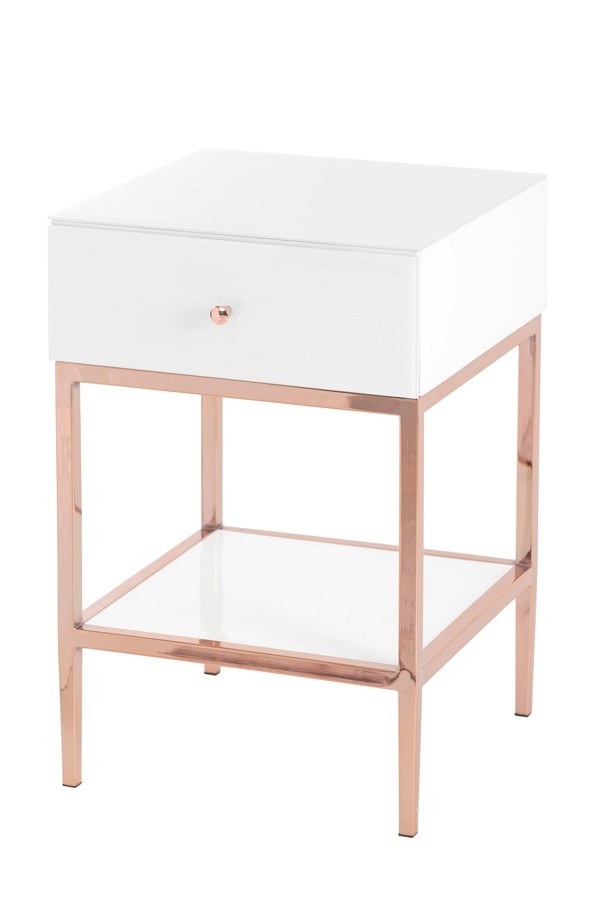 Stiletto Toughened White Glass and Rose Gold Side Table