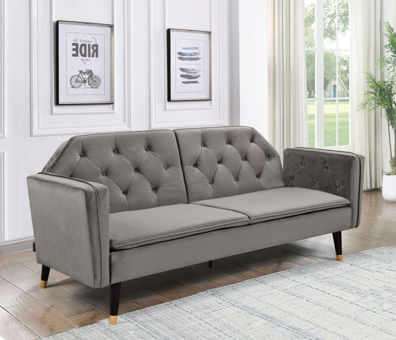 Comfy Living Ltd Plush Velvet Tufted Sofa Bed In Various Colours With Black & Gold Legs in Grey