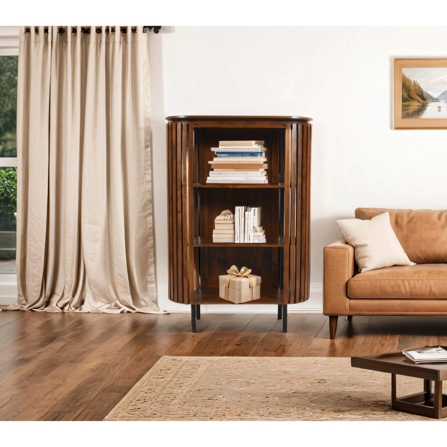 IH Design Carney Slatted Mango Wood Bookcase- Medium High in Brown