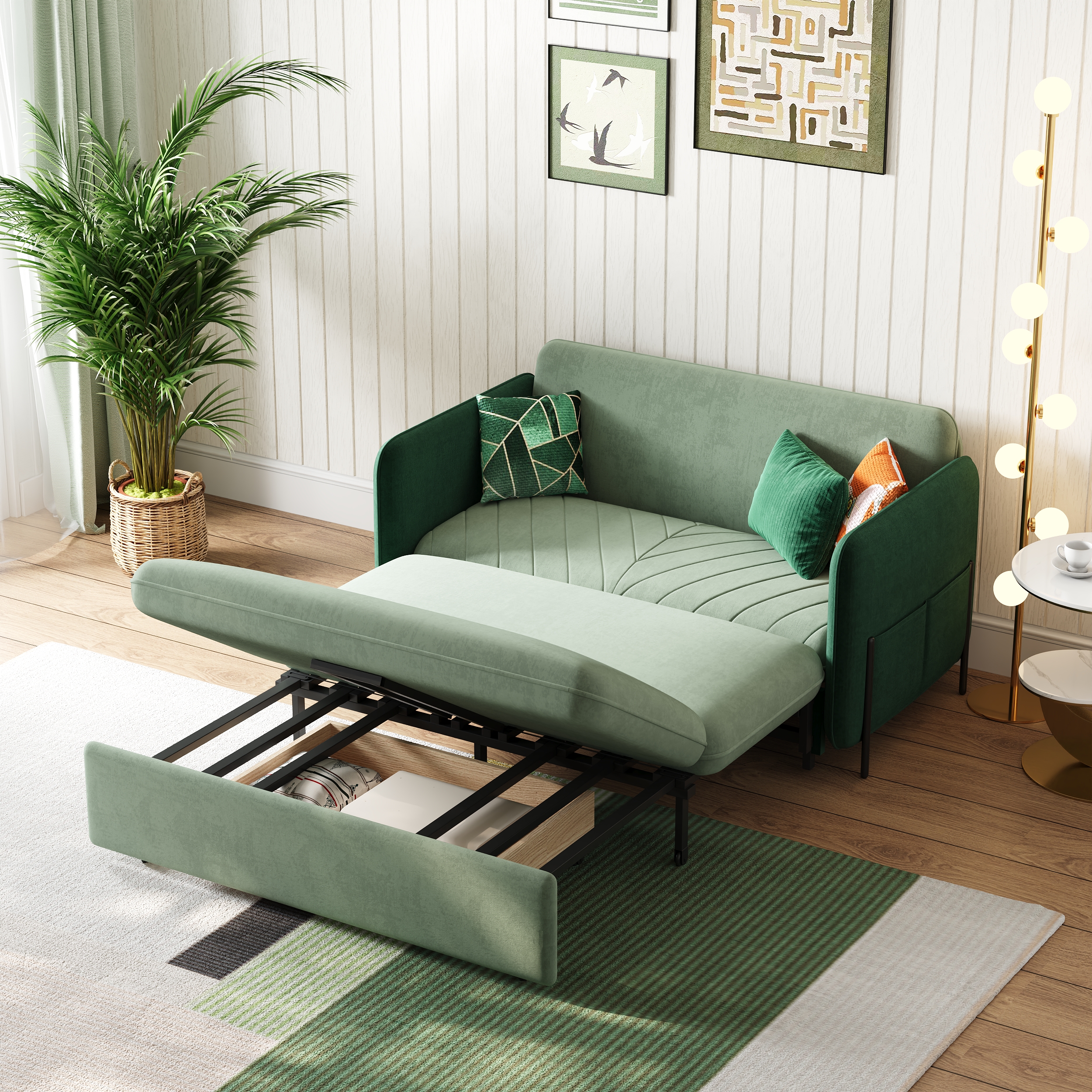 1360mm Full Sleeper Sofa Green Upholstered Convertible Sofa Bed