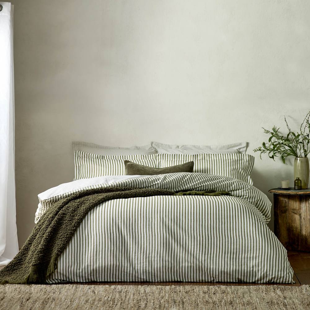 Yard Hebden Striped 100% Cotton Duvet Cover Set in Olive