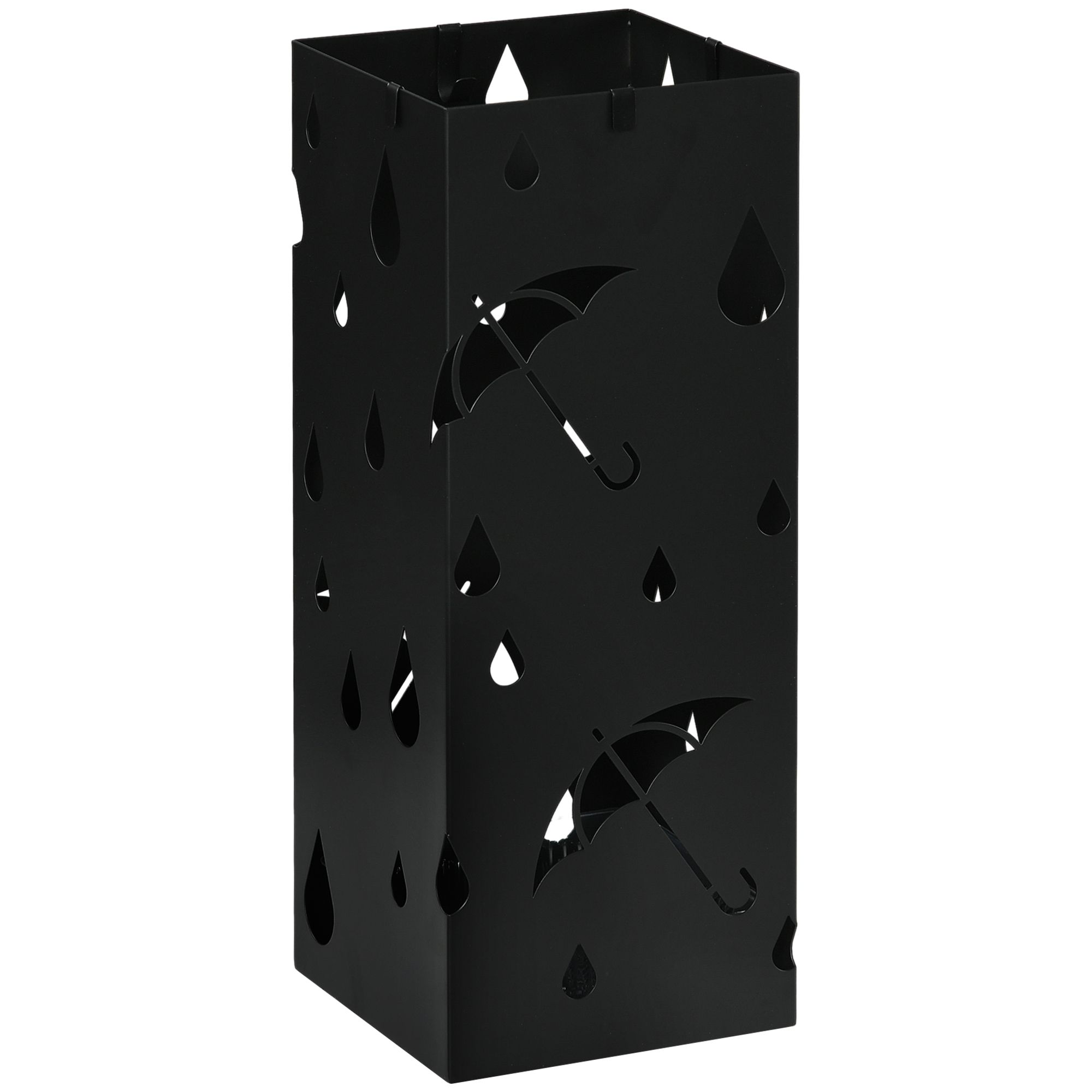 HOMCOM Metal Umbrella Stand, Square Umbrella Basket with 4 Hooks Drip Tray Black 2