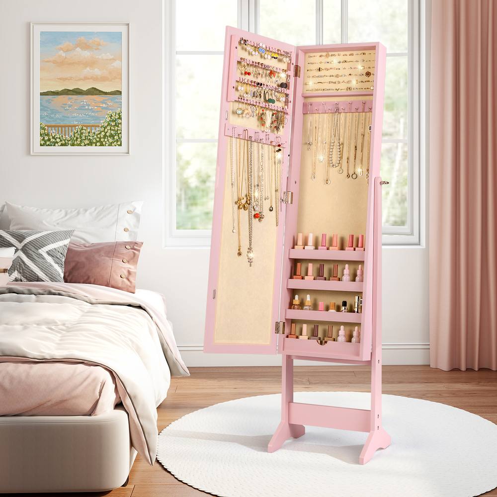 Costway Mirrored Jewelry Armoire Standing Jewelry Cabinet in Pink