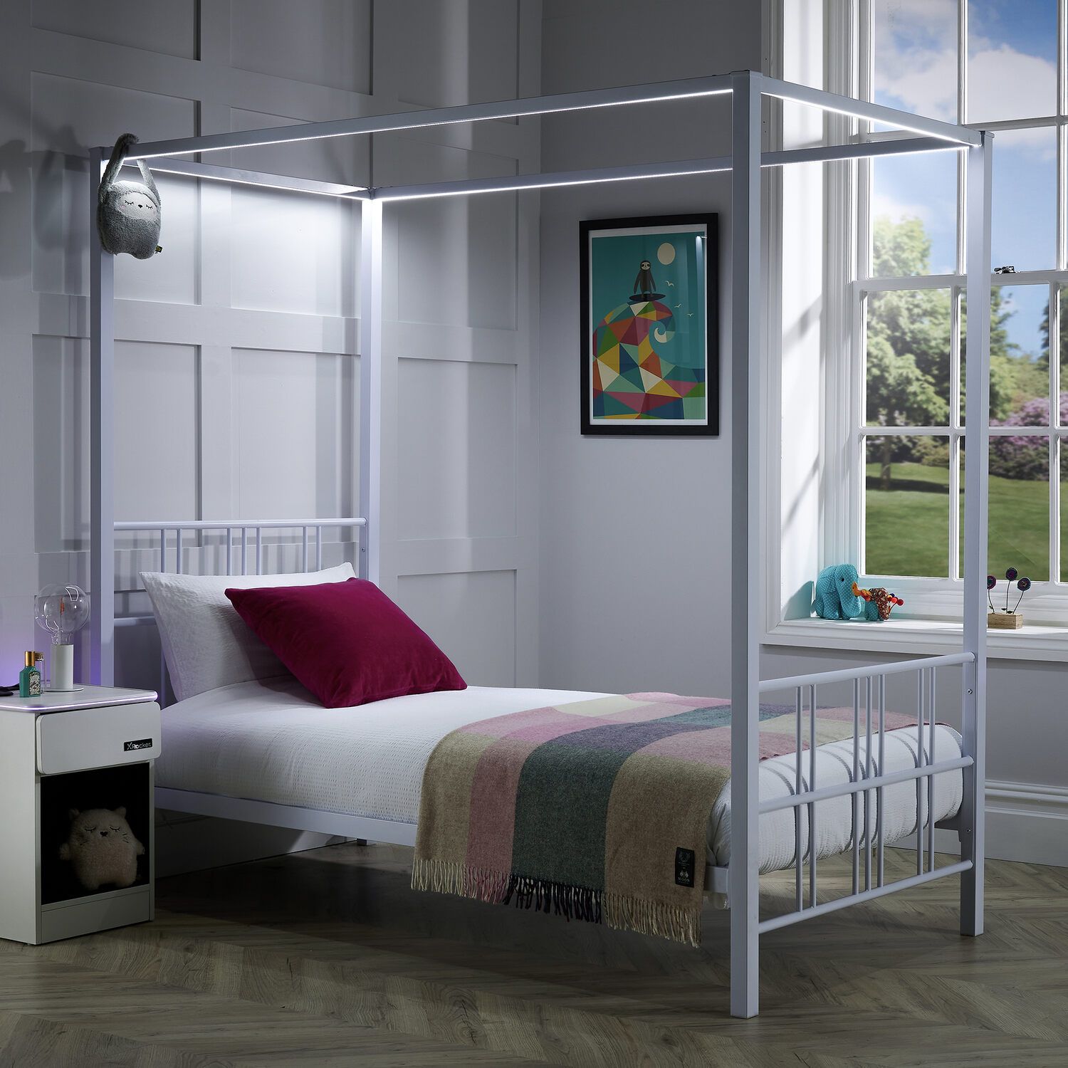 X Rocker Fern Four Poster Bed, Metal Bed Frame with LED Lighting in White