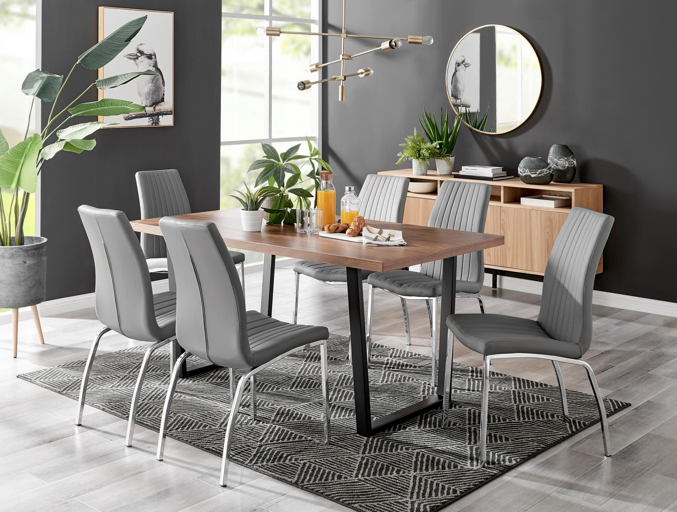 FurnitureboxUK Kylo Large Brown Wood Effect Dining Table & 6 Isco Faux Leather Chairs in Grey