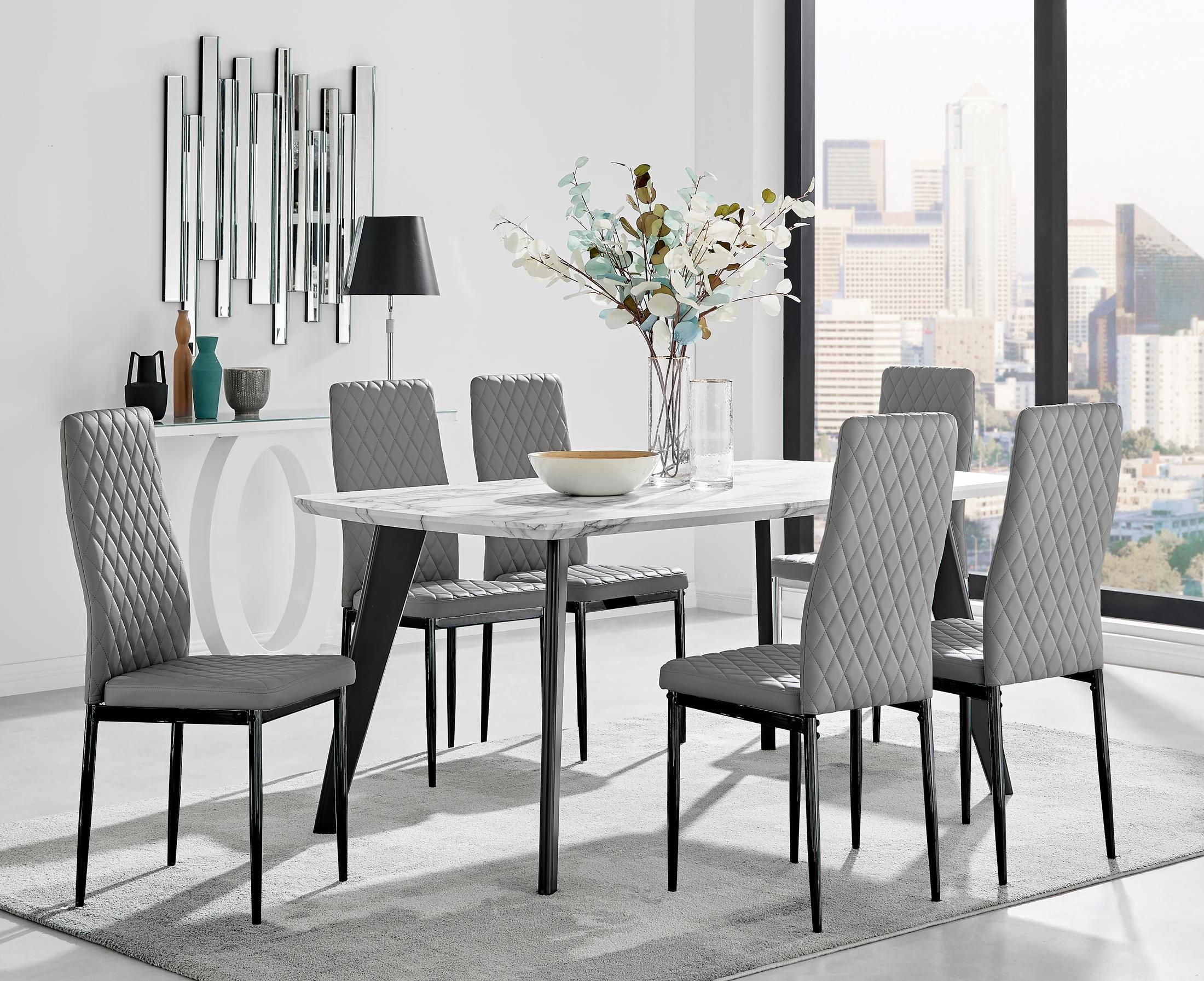 FurnitureboxUK Andria White Marble Effect & Black Leg 6 Seater Dining Table & 6 Milan Faux Leather Chairs in Grey