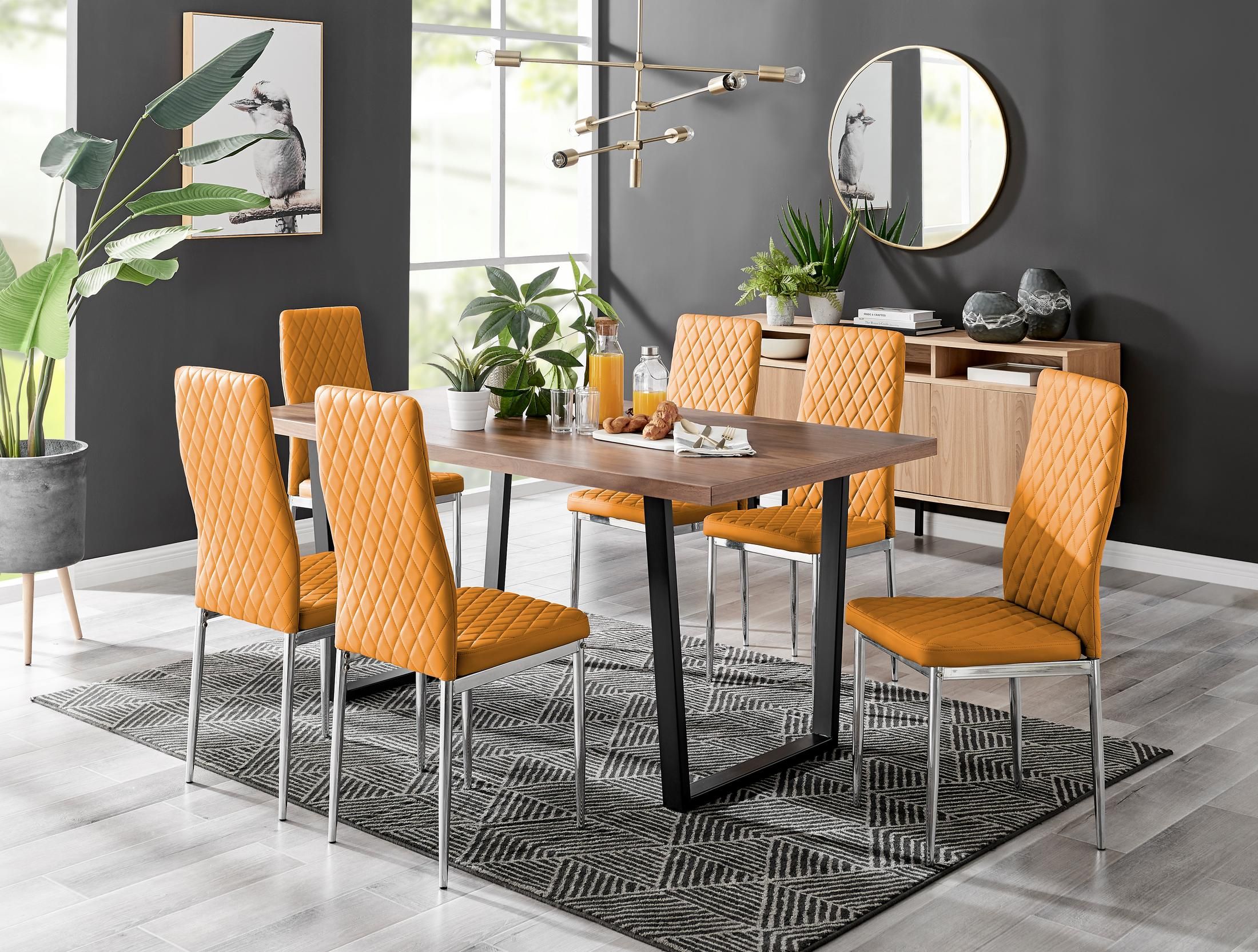 FurnitureboxUK Kylo Large Brown Wood Effect Dining Table & 6 Milan Chrome Leg Faux LeatherChairs in Mustard