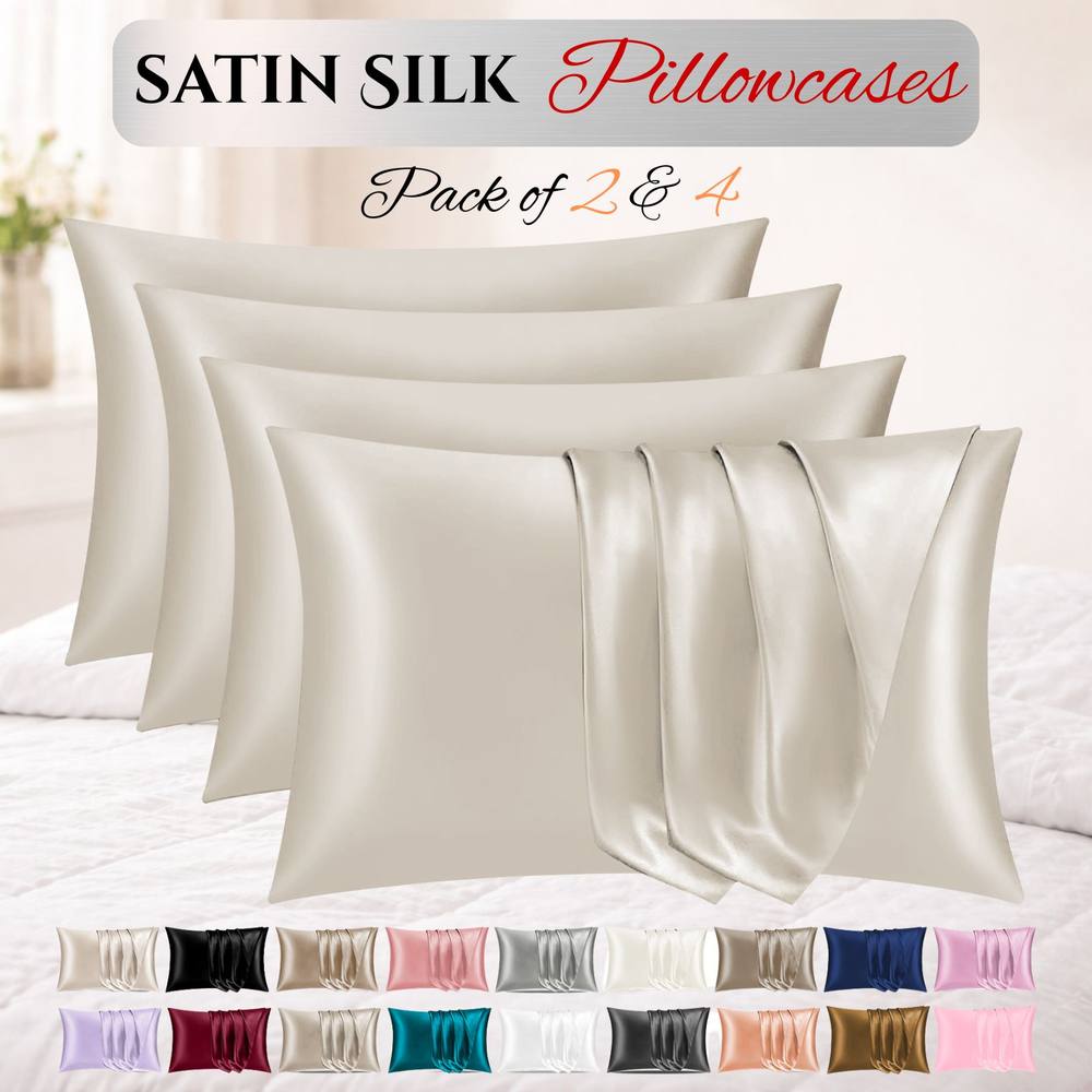 Grace Satin Silk Pillow Cases Pack of 4 Super Soft Smooth Pillow Covers in Light Beige