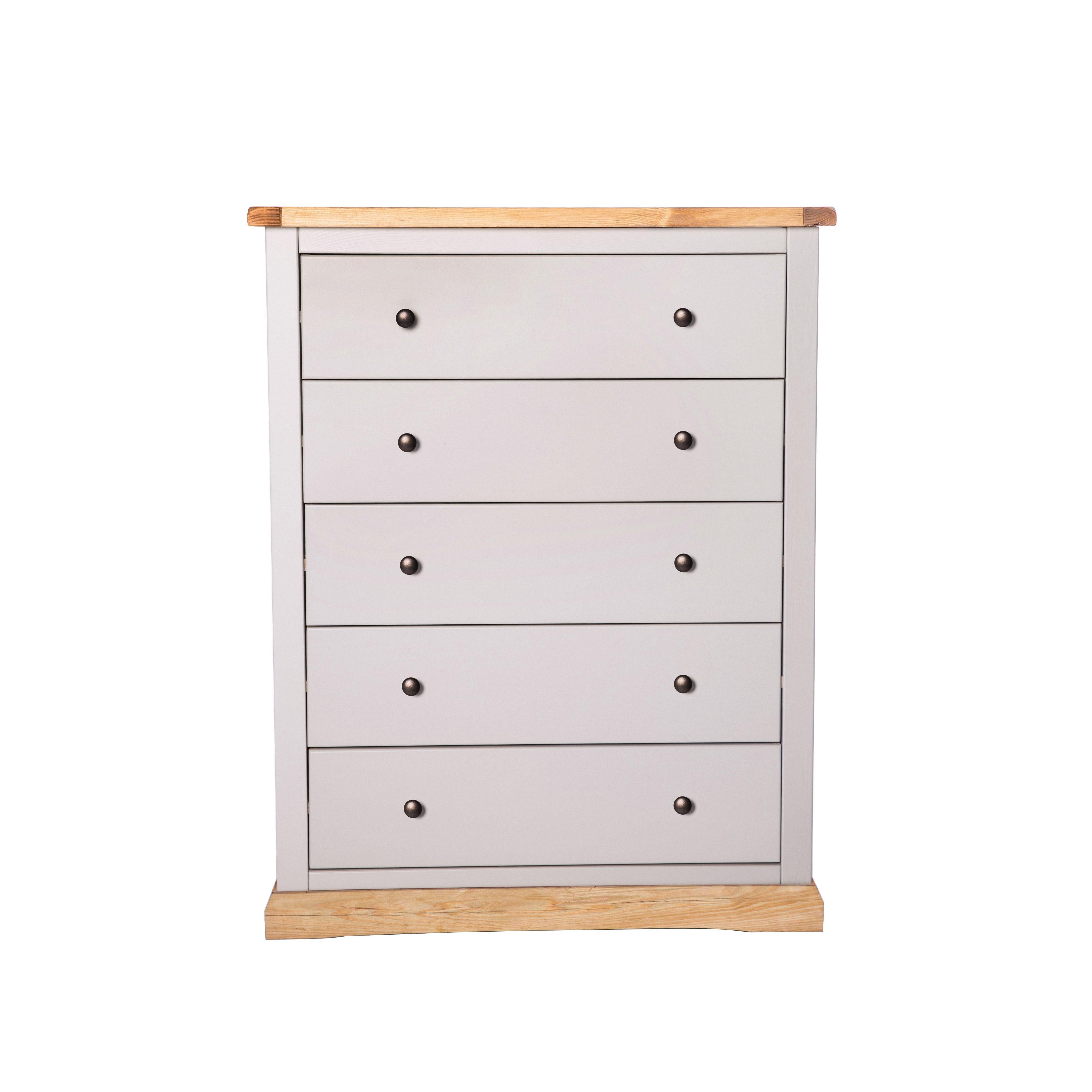 Cabinet Bits Bomporto 5 Drawer Chest of Drawers Brass Knob in Light Grey