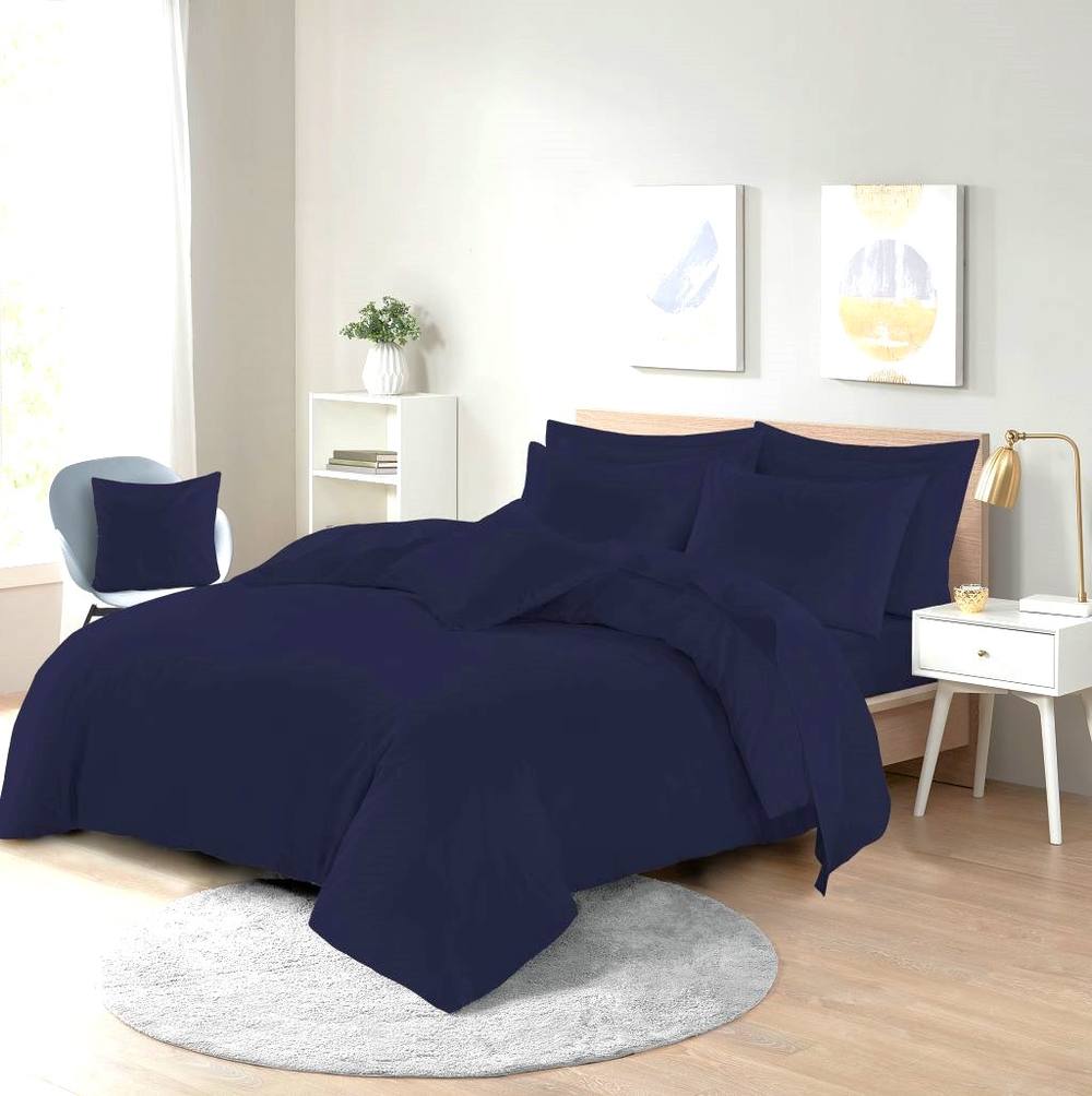 Homes-Linen Plain Dyed Polycotton Duvet Cover Set with Pillowcases in Navy
