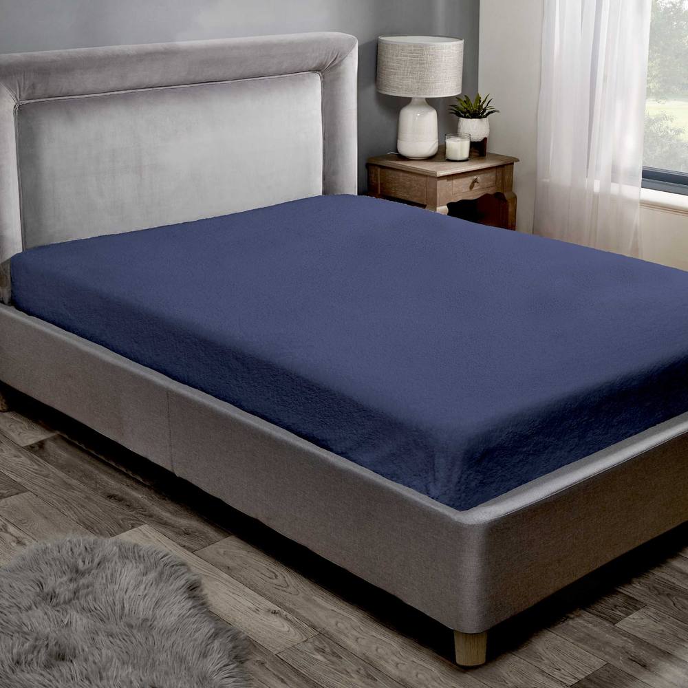 Rapport Home Teddy Fleece Plain Fitted Bed Sheets in Navy | Size: Double