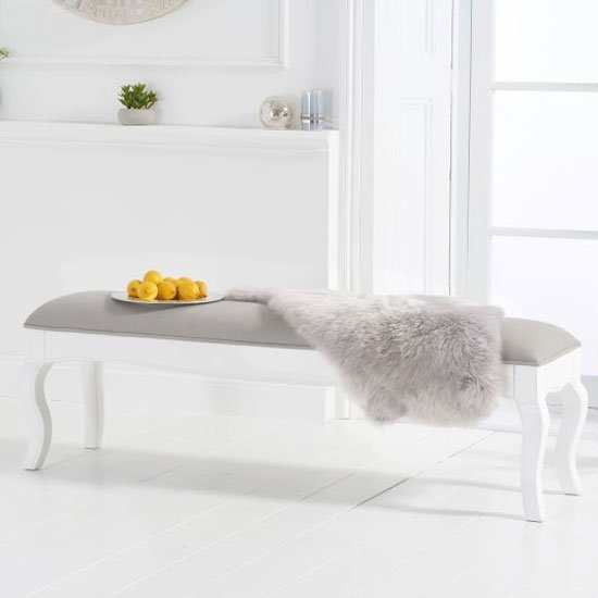 Sienna White Large Dining Bench With Grey Fabric Seat