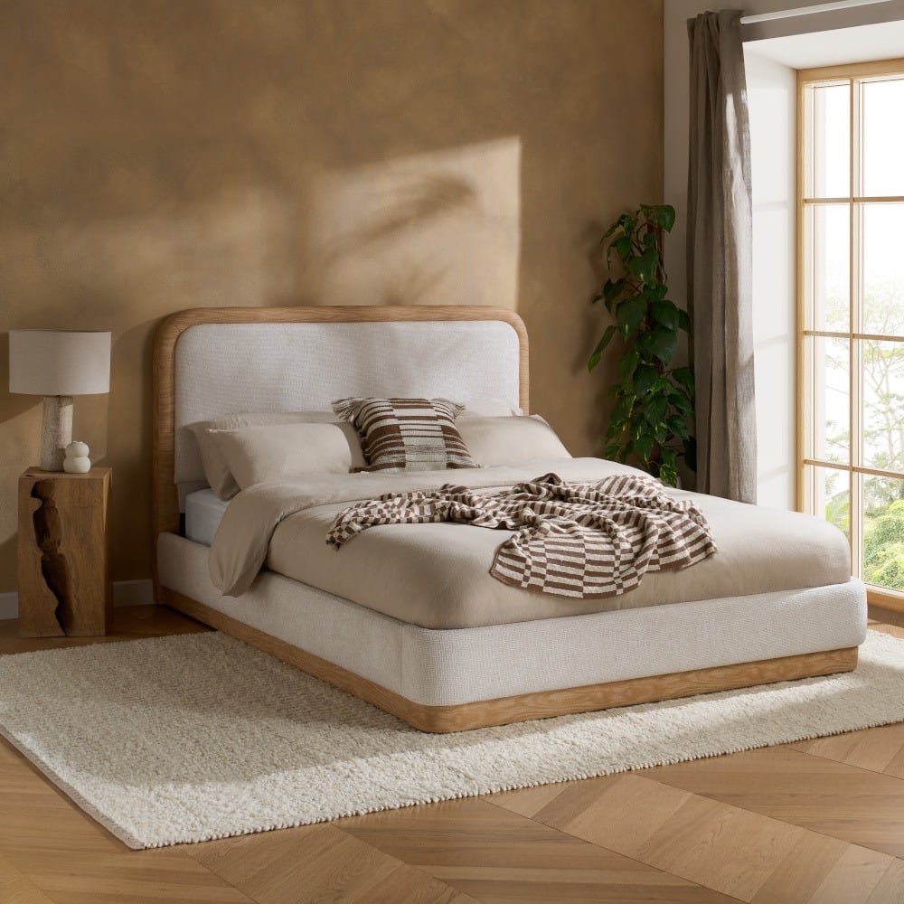 Girona - King Size - Faux Wood-Effect Fabric Trim Bed - White - Fabric - 5ft