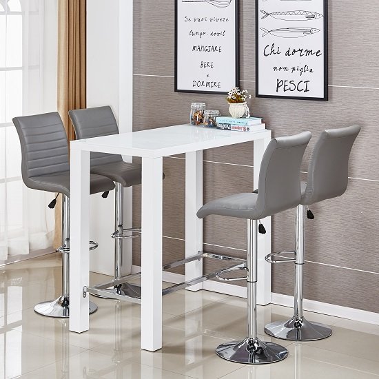 Jam Glass Bar Set Rectangular White Gloss 4 Ripple Grey Stools
