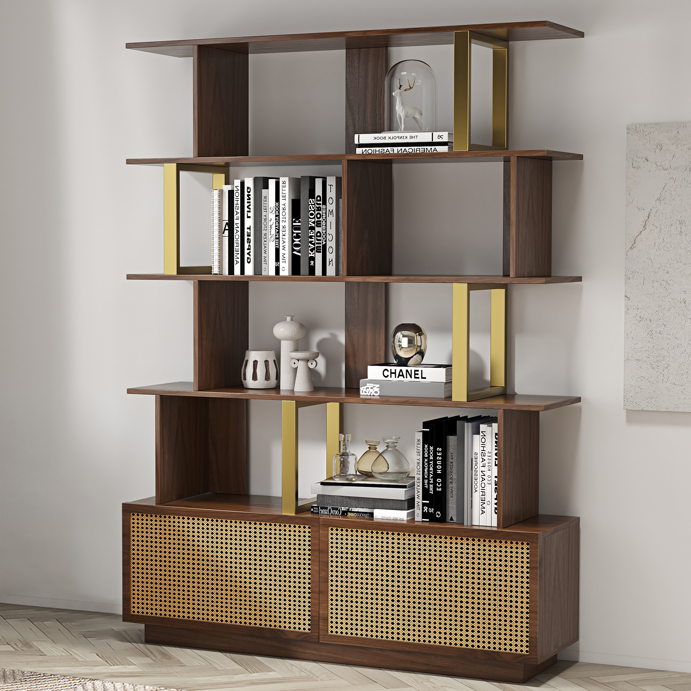 5-Tier Walnut Bookshelf with 2 Drawers Wooden Bookcase in Gold (165 cm High)