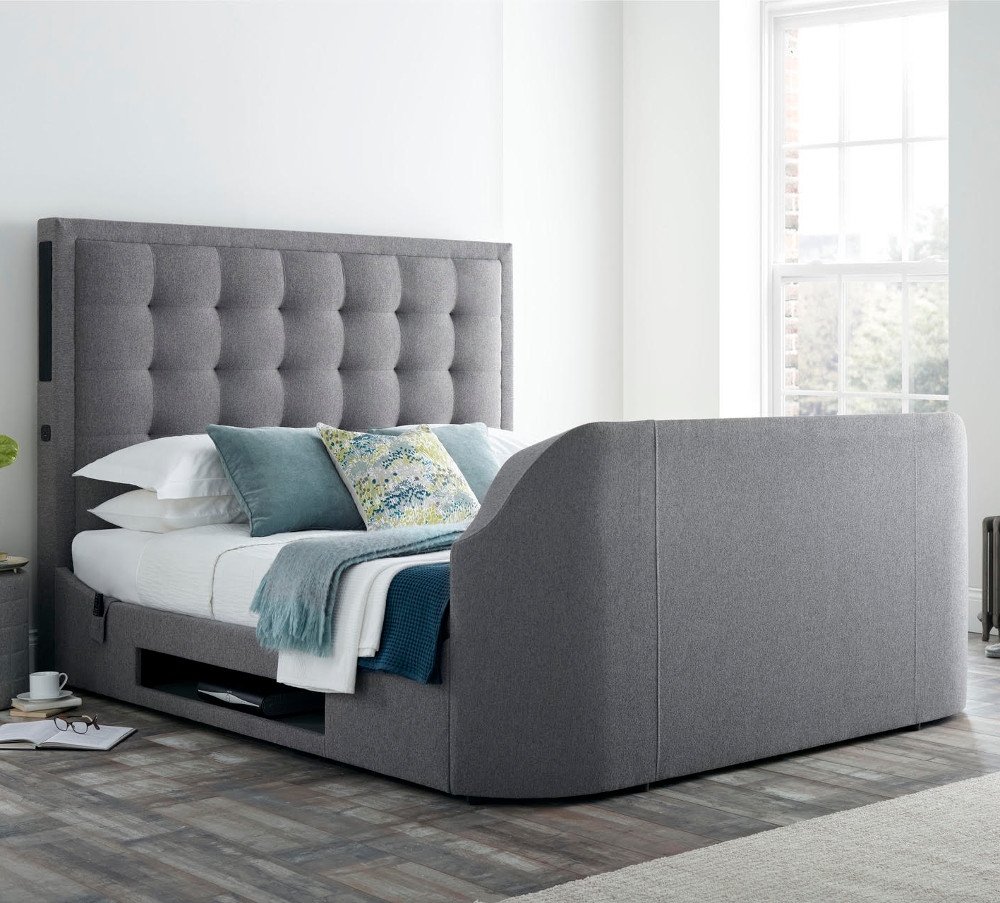 Titan 2 Smoke Grey Fabric Media Electric TV Bed Frame - 6ft Super King Size