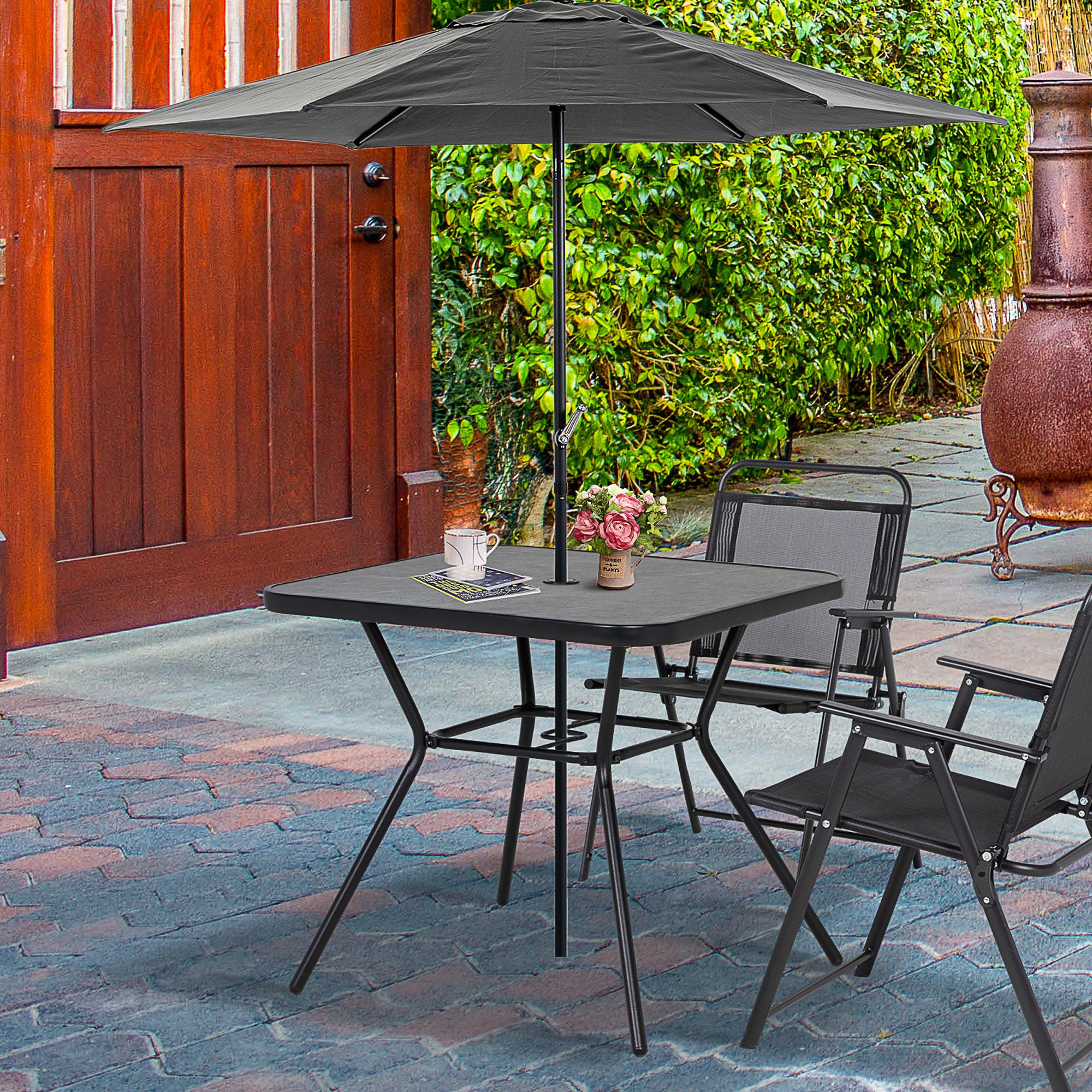 OUTSUNNY Outdoor Garden Table with Faux-marbled Top & 42mm Umbrella Hole for Patio in Black