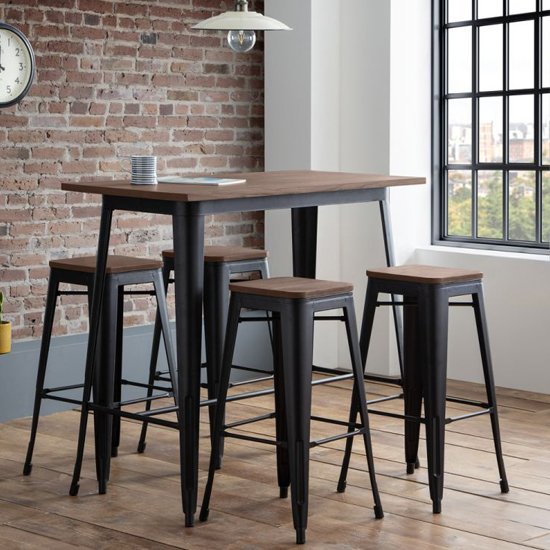 Grafton Wooden Bar Table In Mocha Elm With 4 Backless Bar Stools