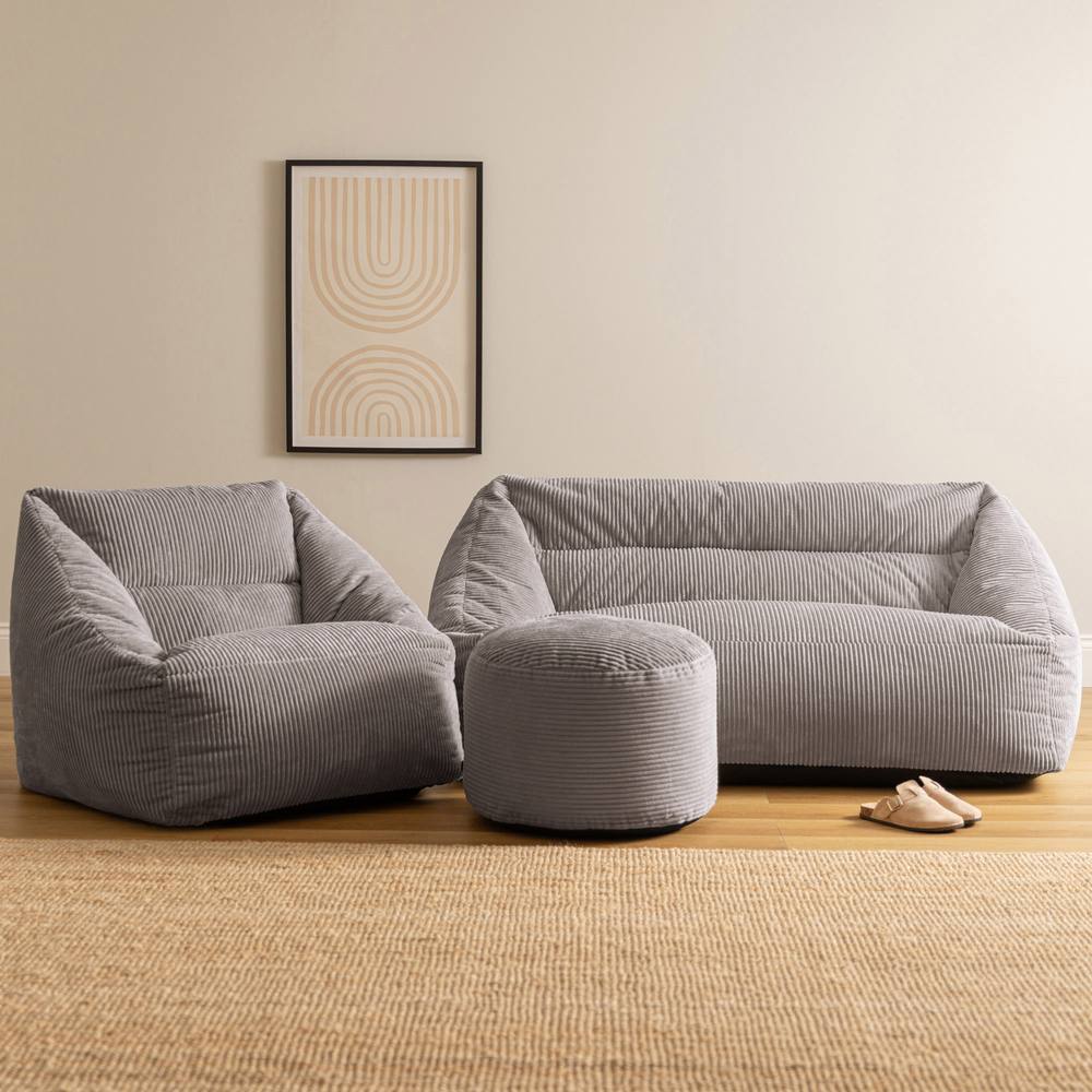 icon Sofa, Armchair & Footstool Bundle, Jumbo Cord in Light Grey