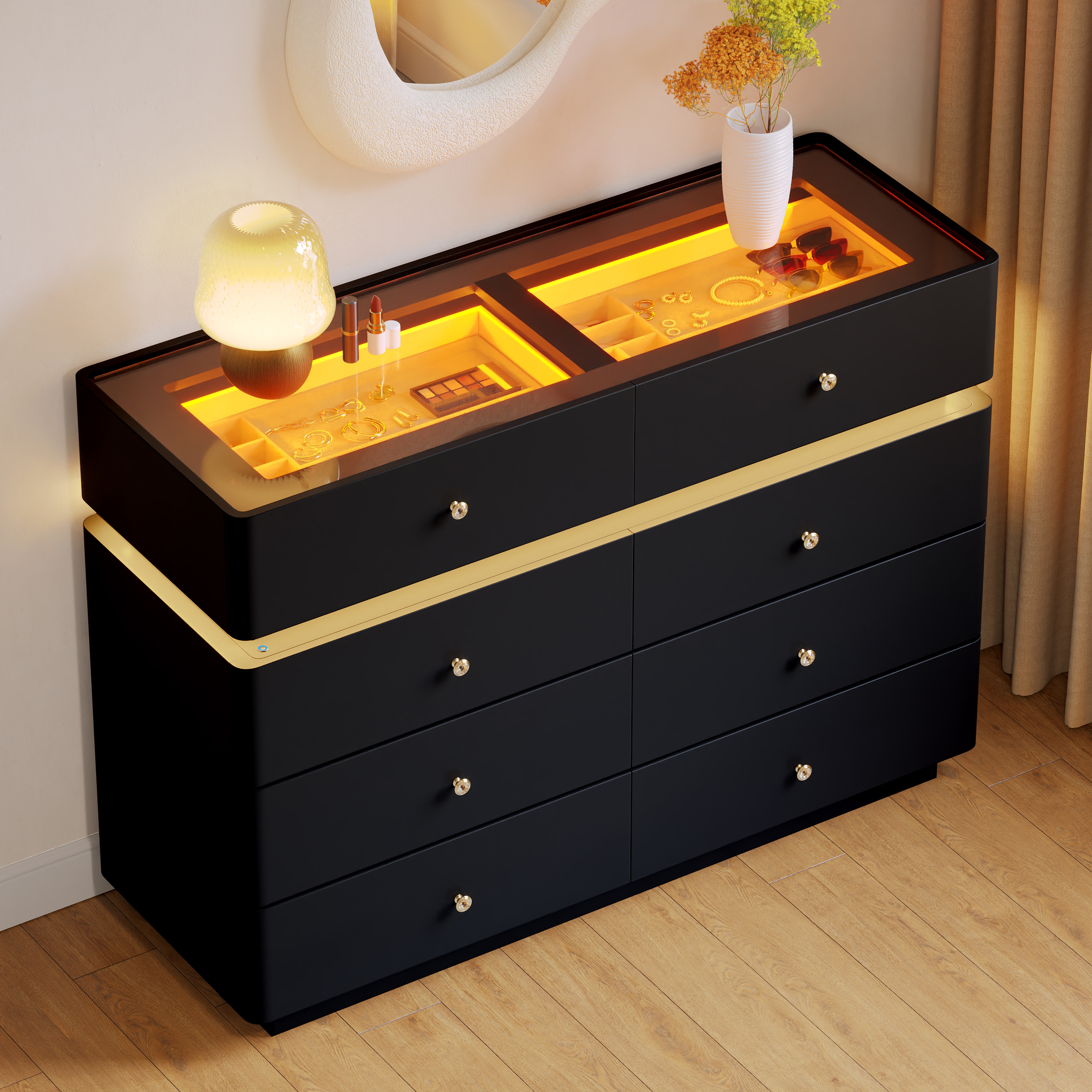 Glass 120 cm Top Walk-in Wardrobe Island 8-Drawer Dresser with Light