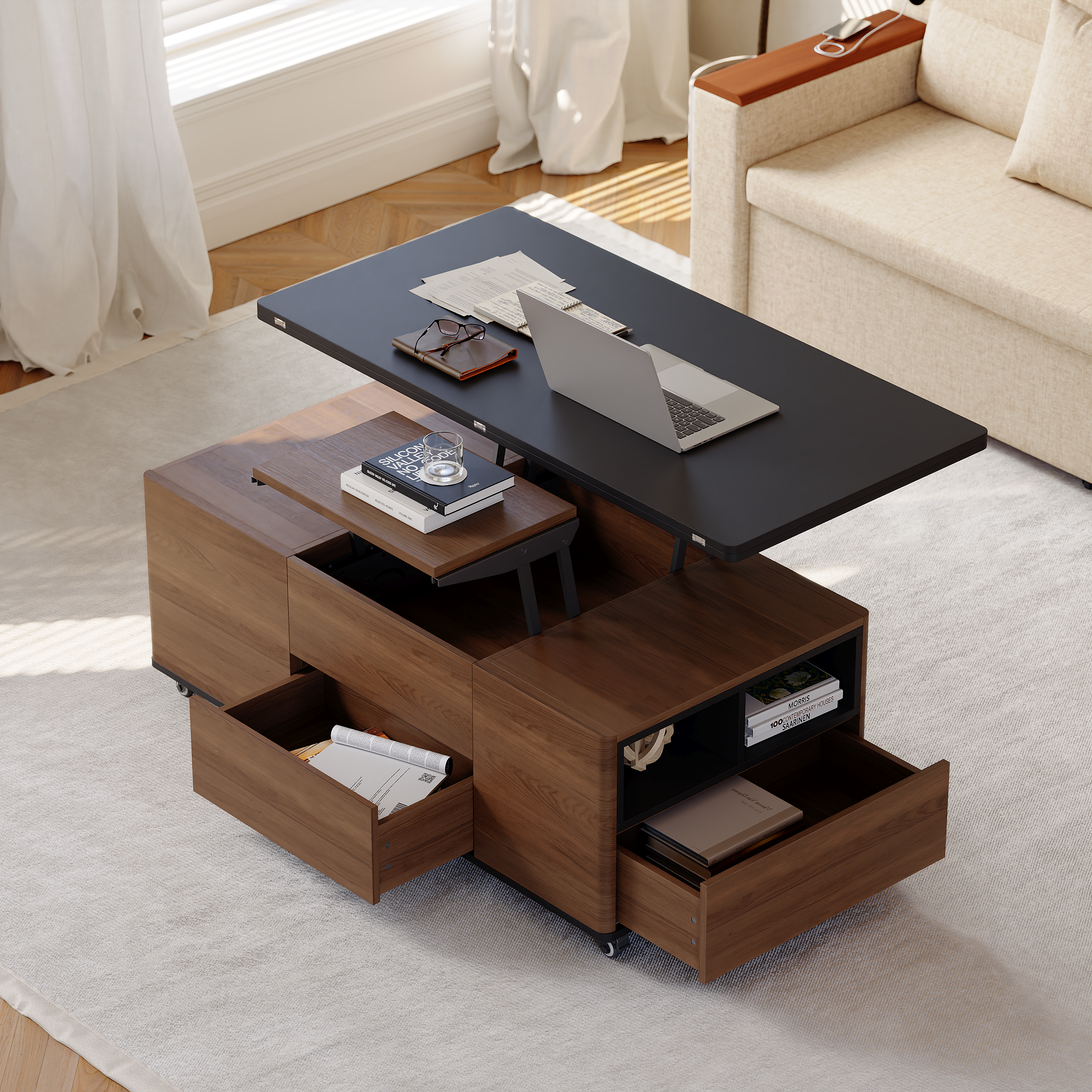 120 cm Lift-Top Foldable Walnut Coffee Table with Drawers & Cabinet