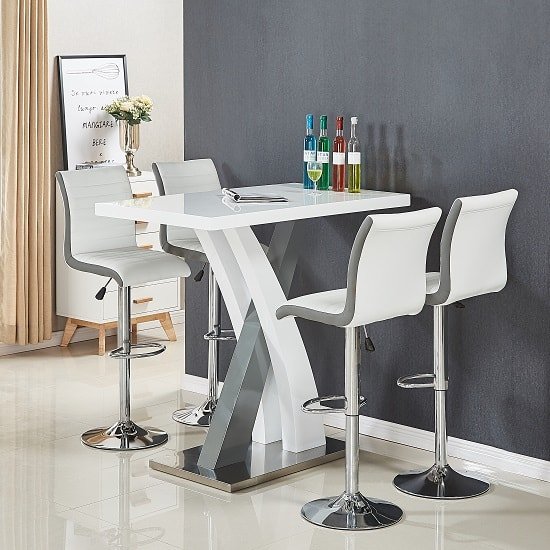 Axara Bar Table In White And Grey Gloss With 4 Ritz White Stools