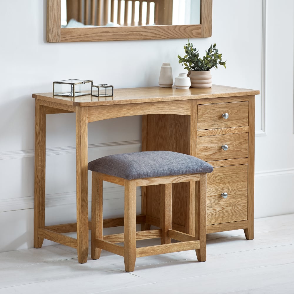 Mallory – 3-Drawer Single Pedestal Dressing Table and Stool – Oak/Grey – Wooden/Fabric - Happy Beds